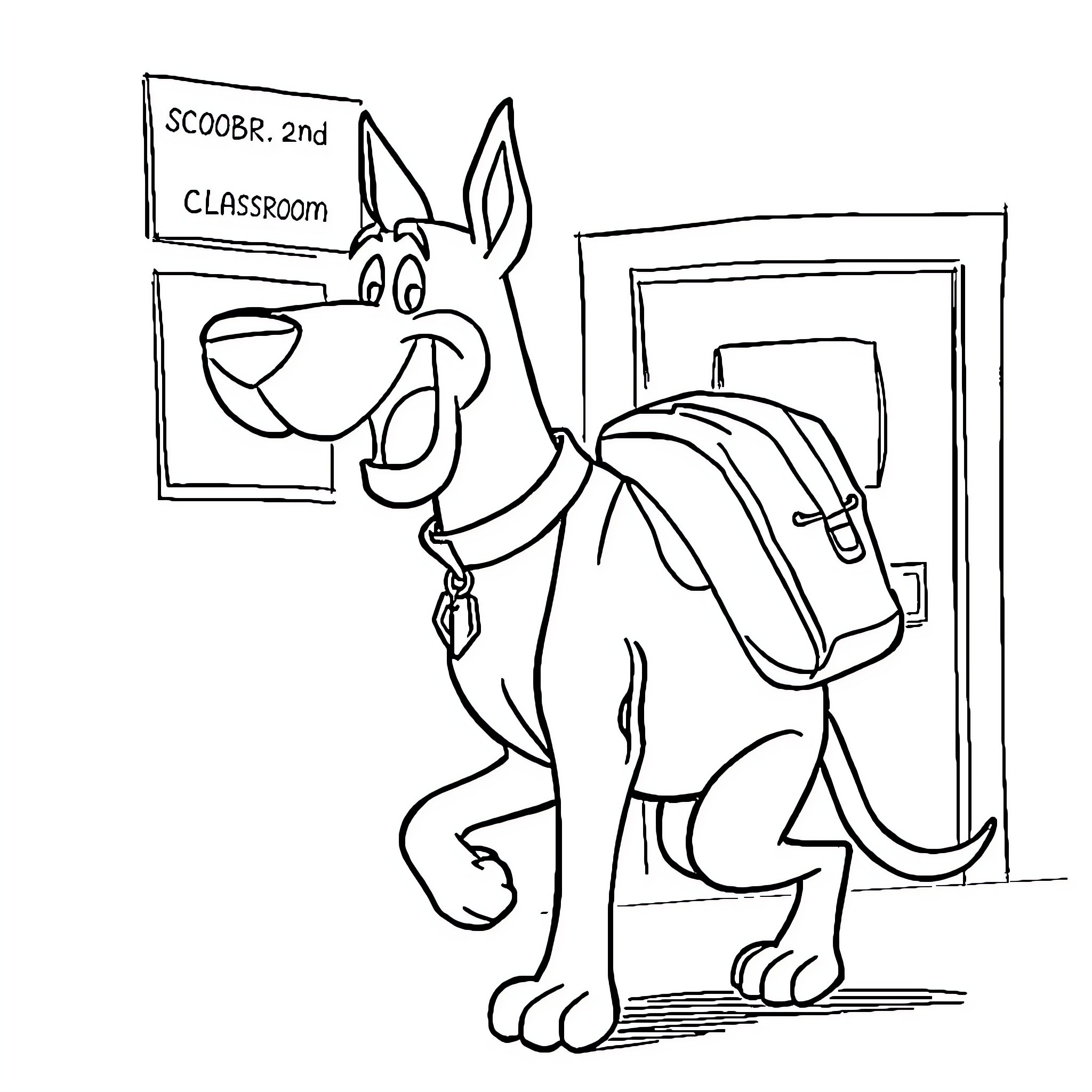 Scooby Doo Going to the Classroom Coloring Page (free black-and-white line drawing printable PDF for all, from beginners to advanced learners, including children, teens, adults, and seniors)