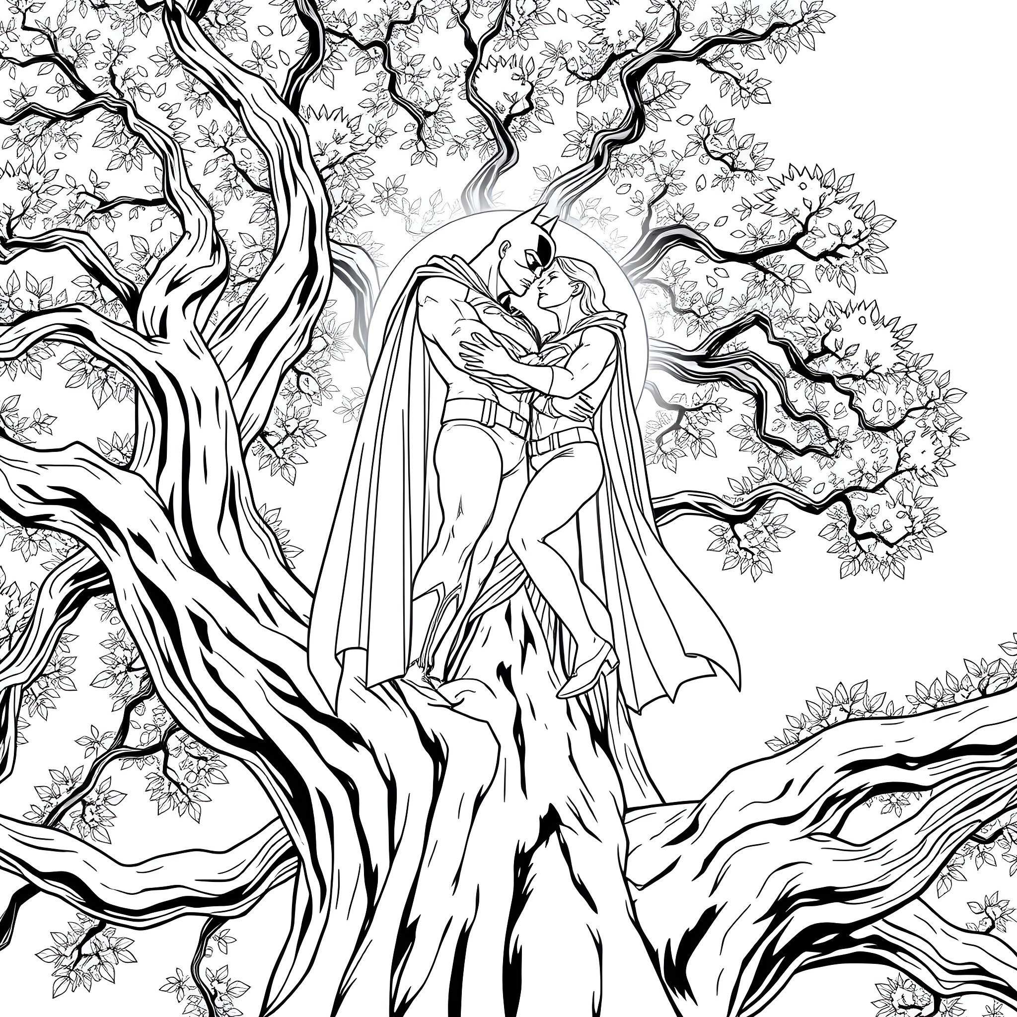 Batman embracing the dark beauty under the twisted tree Coloring Page (free black-and-white line drawing printable PDF for all, from beginners to advanced learners, including children, teens, adults, and seniors)
