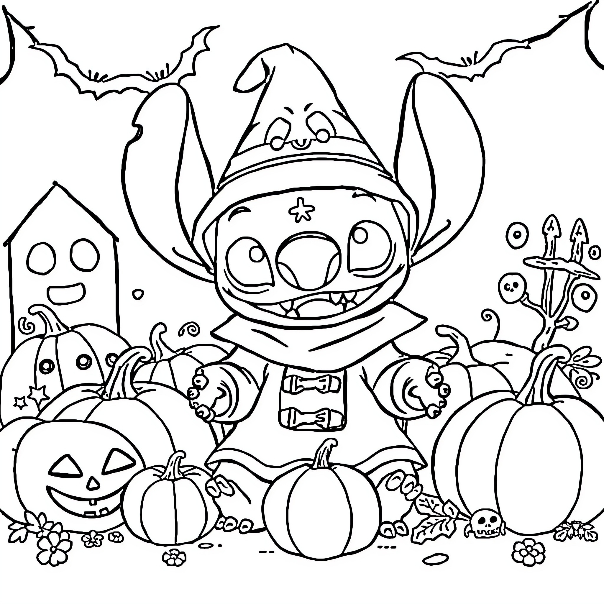 Stitch celebrating a spooky Halloween with pumpkins and bats Coloring Page (free black-and-white line drawing printable PDF for all, from beginners to advanced learners, including children, teens, adults, and seniors)