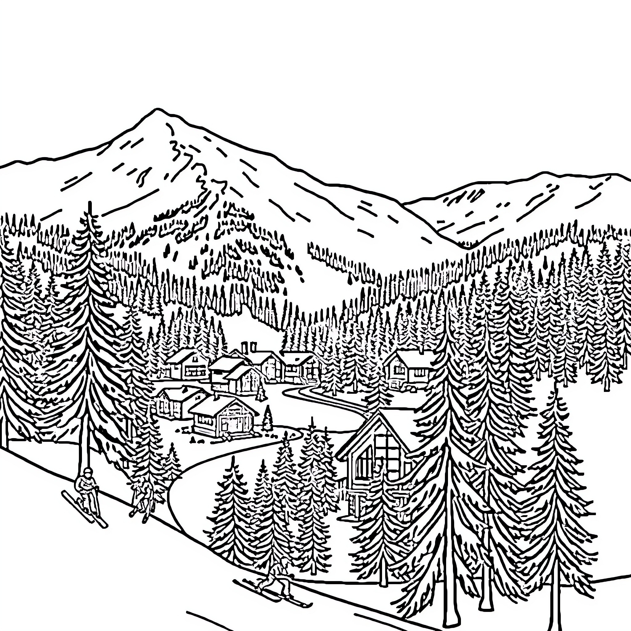 Winter Park scenic mountain village in snowy forest Coloring Page (free black-and-white line drawing printable PDF for all, from beginners to advanced learners, including children, teens, adults, and seniors)