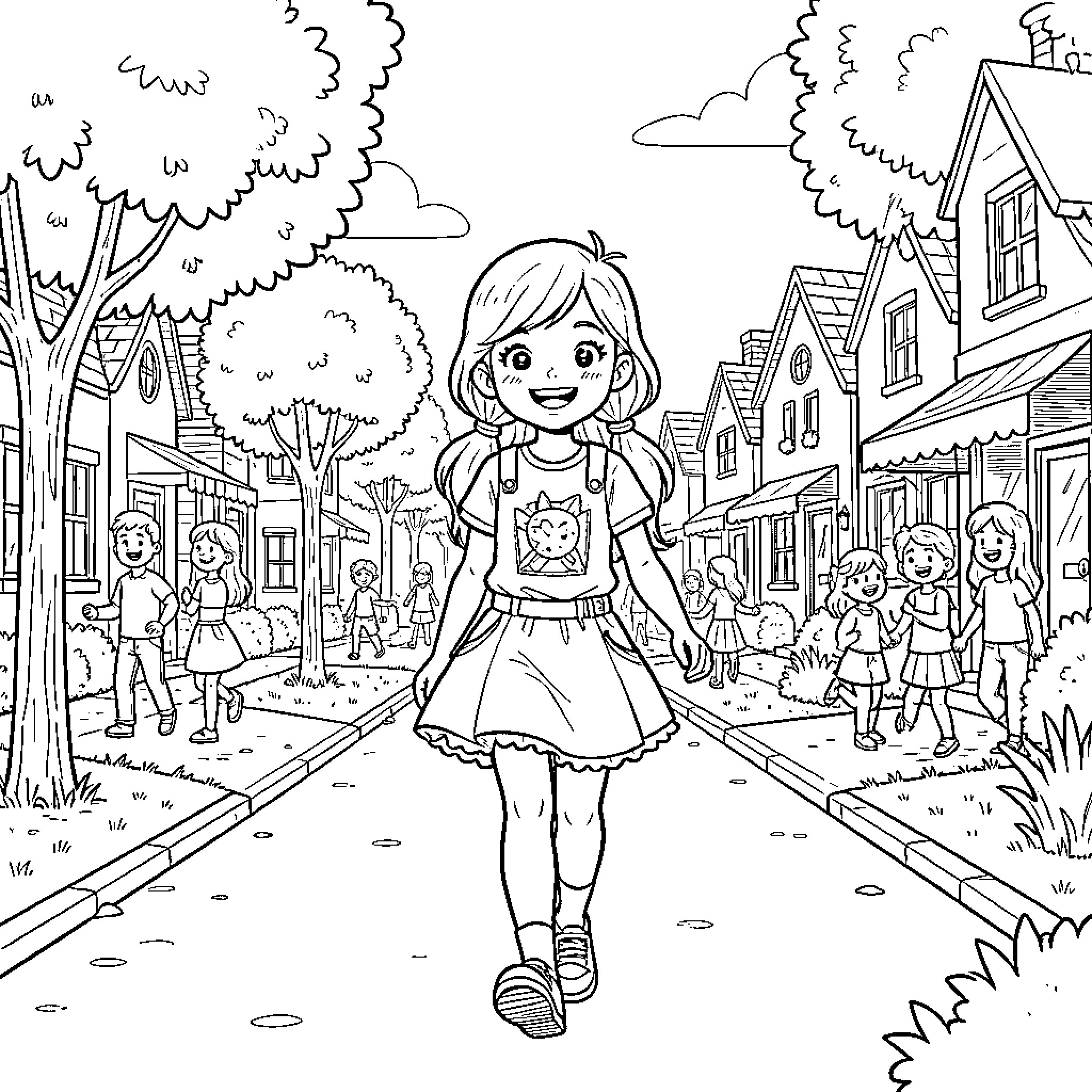 Marinette walking happily down a suburban street Coloring Page (free black-and-white line drawing printable PDF for all, from beginners to advanced learners, including children, teens, adults, and seniors)
