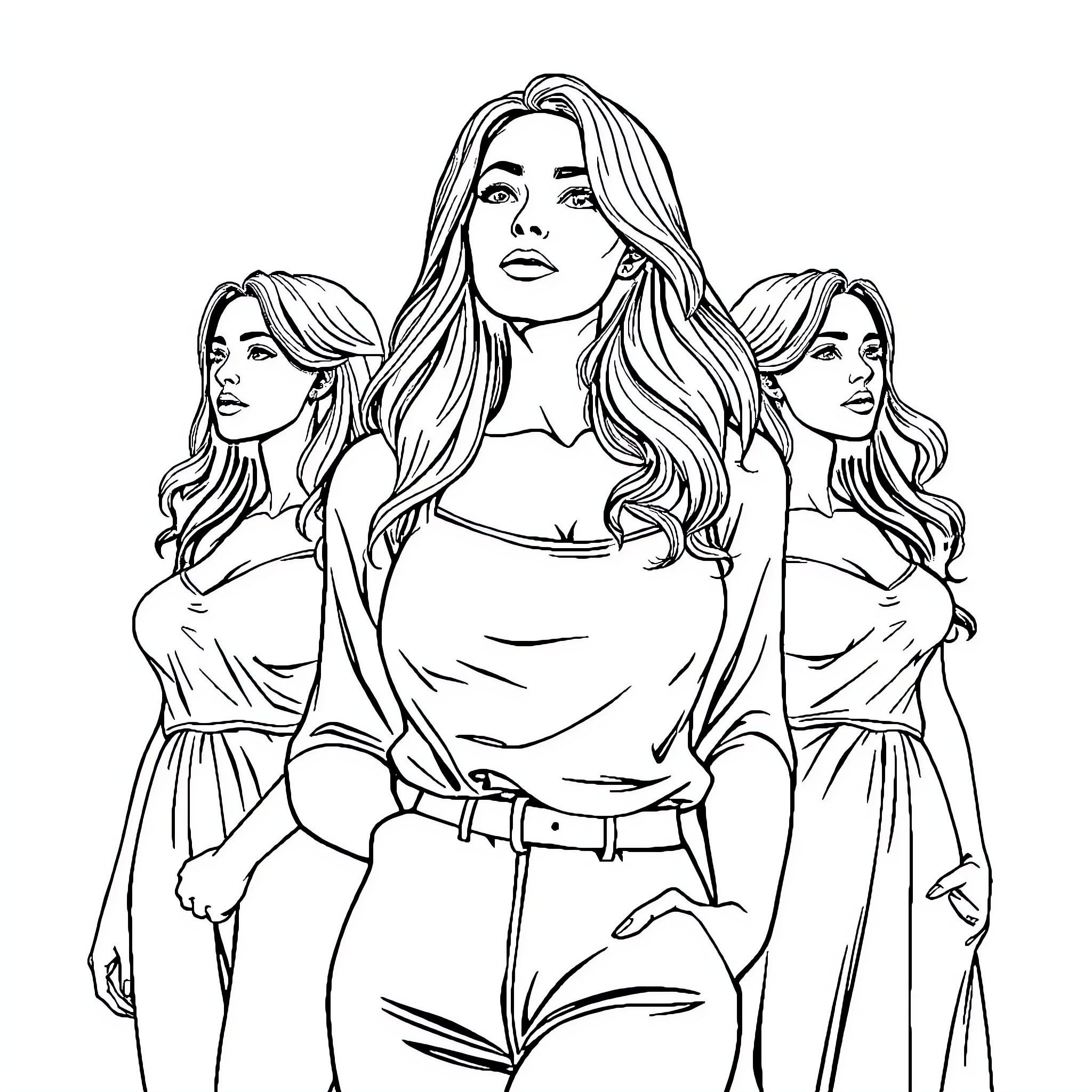 Woman in Captivating Fashion Showcase Coloring Page (free black-and-white line drawing printable PDF for all, from beginners to advanced learners, including children, teens, adults, and seniors)