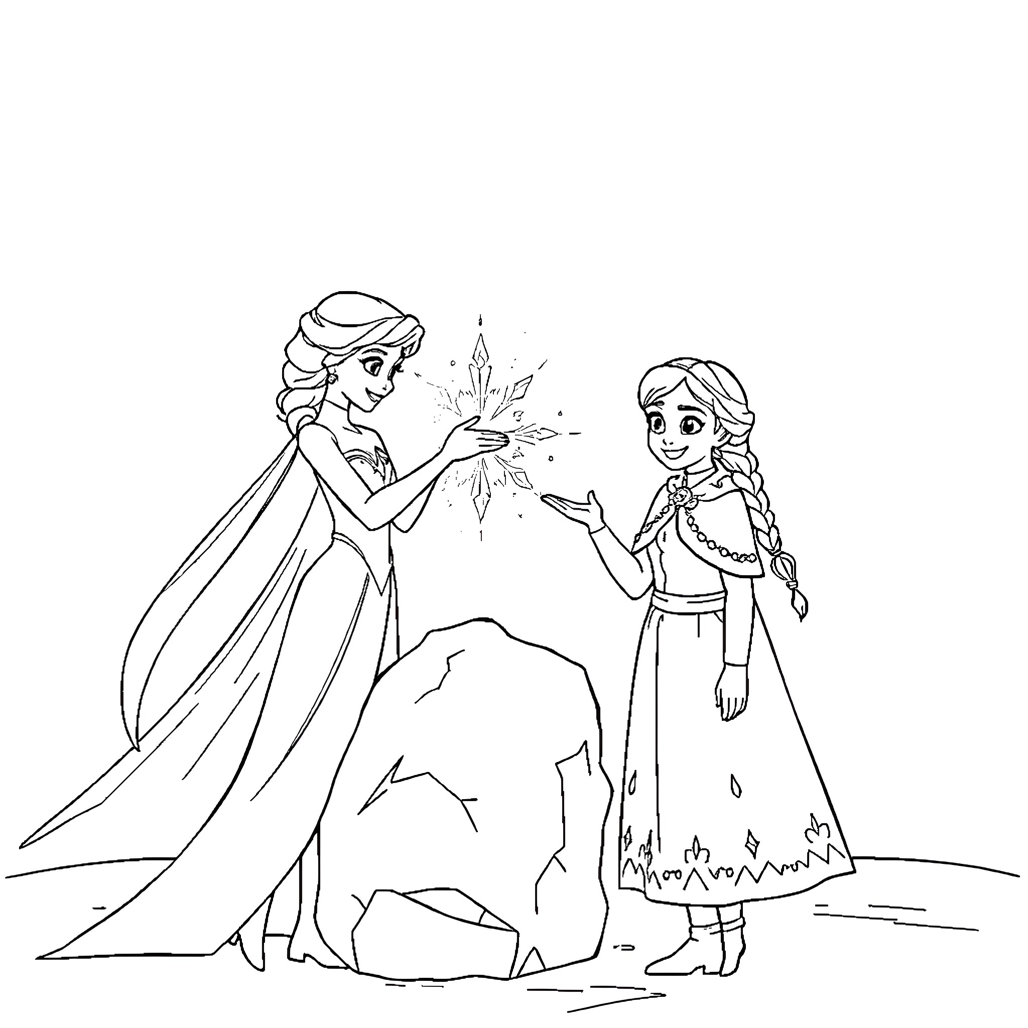 Elsa and Anna's Winter Adventure Coloring Page (free black-and-white line drawing printable PDF for all, from beginners to advanced learners, including children, teens, adults, and seniors)