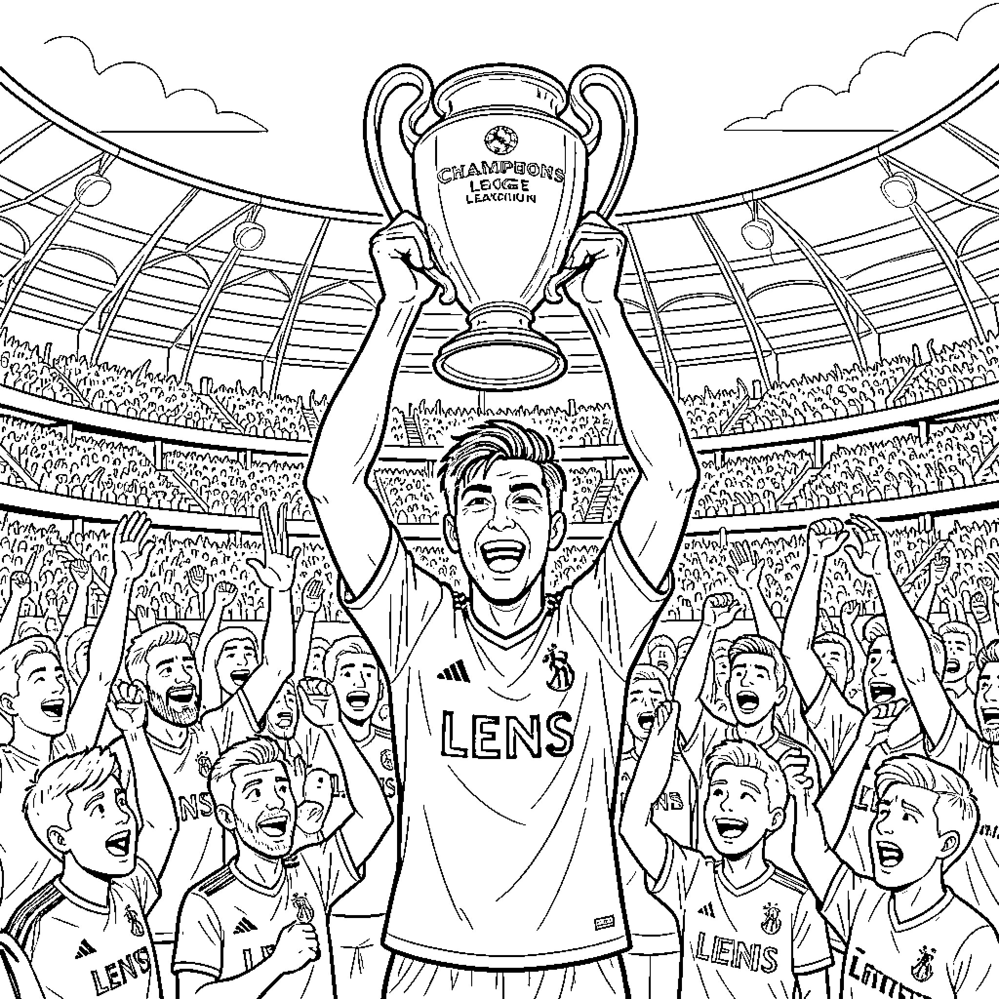 Florian Thauvin celebrating joyfully while lifting a trophy Coloring Page (free black-and-white line drawing printable PDF for all, from beginners to advanced learners, including children, teens, adults, and seniors)