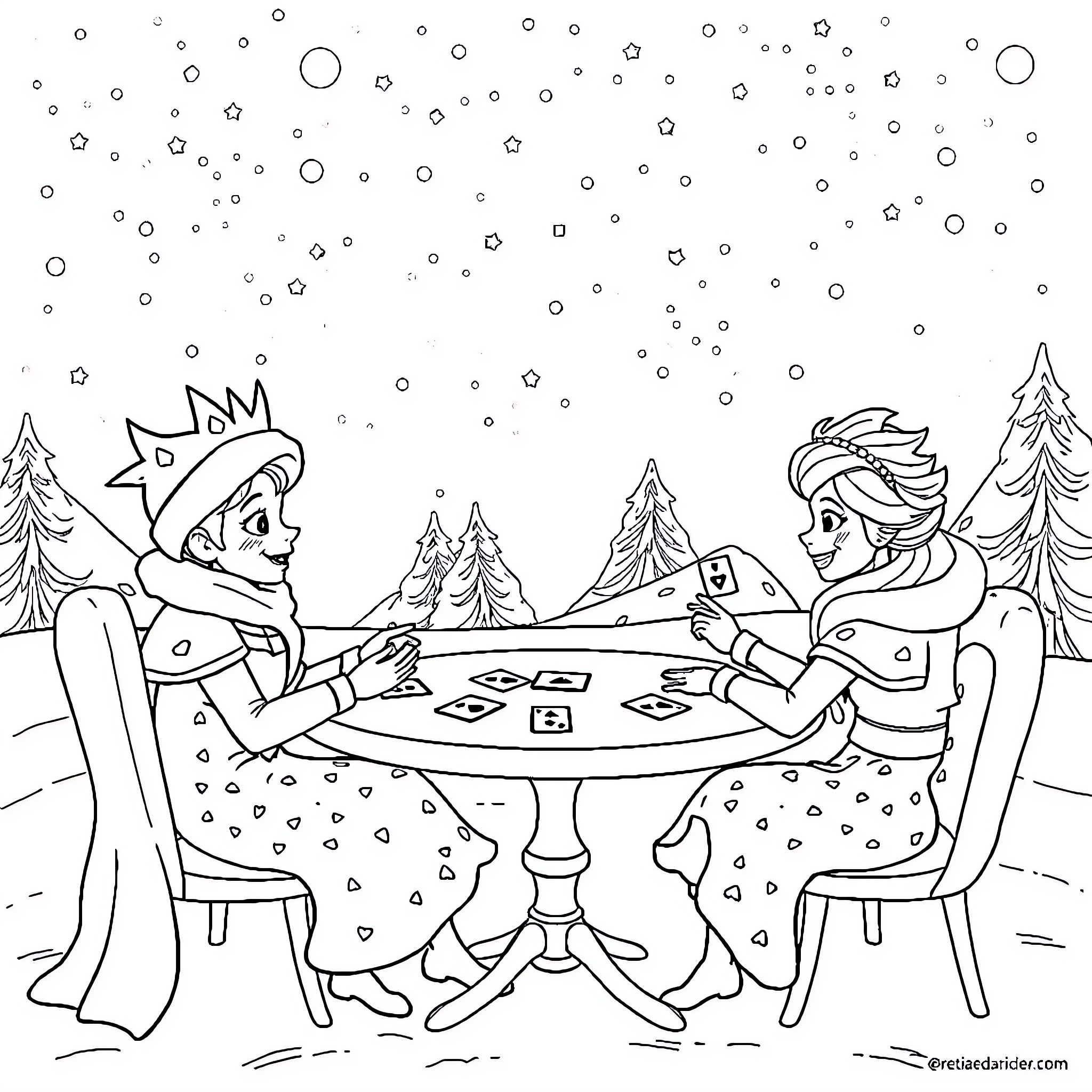 Bingo night in the snowy winter wonderland Coloring Page (free black-and-white line drawing printable PDF for all, from beginners to advanced learners, including children, teens, adults, and seniors)