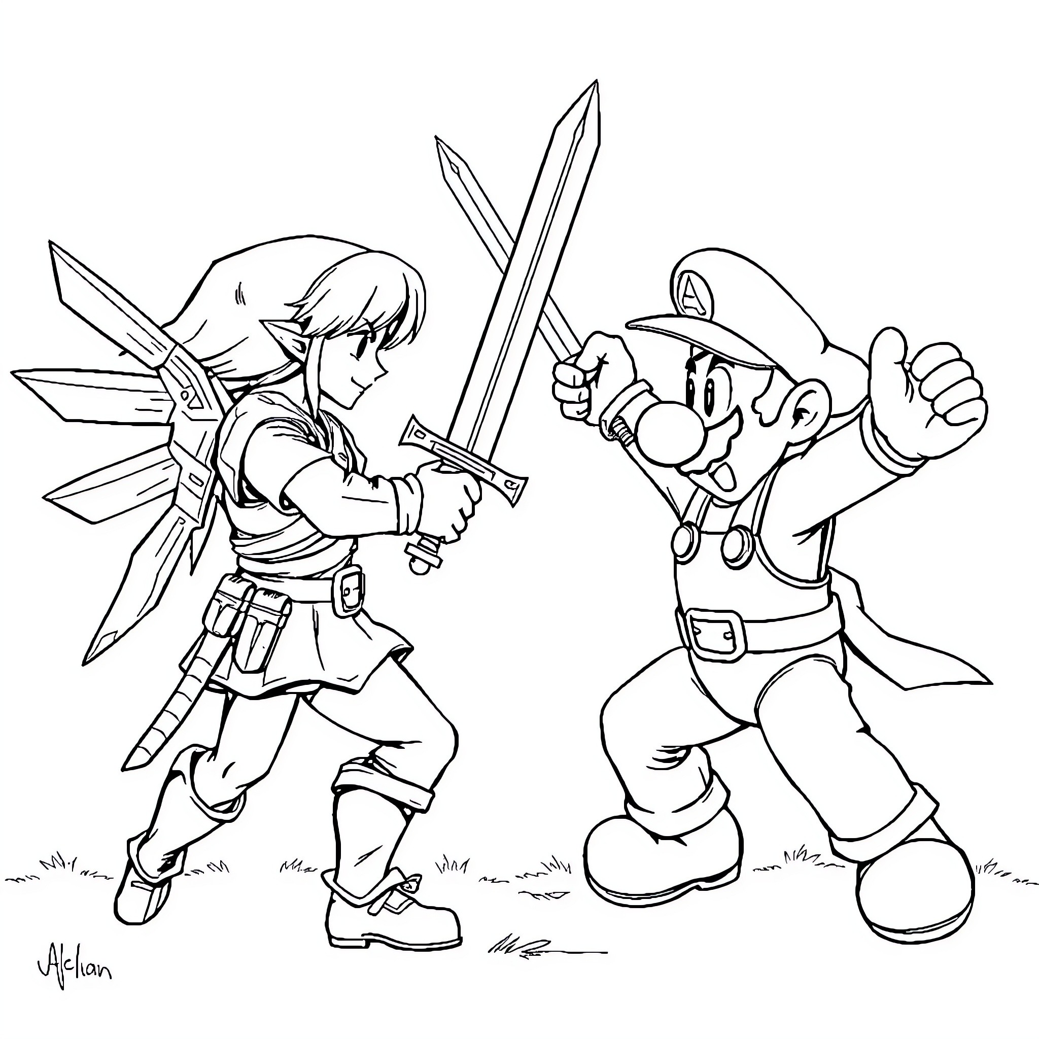 Link Battles Captain Mario in Heroic Clash Coloring Page (free black-and-white line drawing printable PDF for all, from beginners to advanced learners, including children, teens, adults, and seniors)