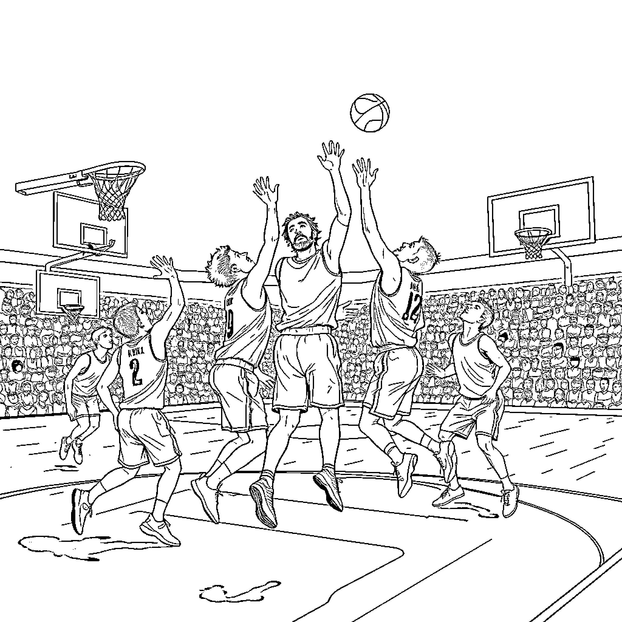 Man playing basketball in a crowded court Coloring Page (free black-and-white line drawing printable PDF for all, from beginners to advanced learners, including children, teens, adults, and seniors)