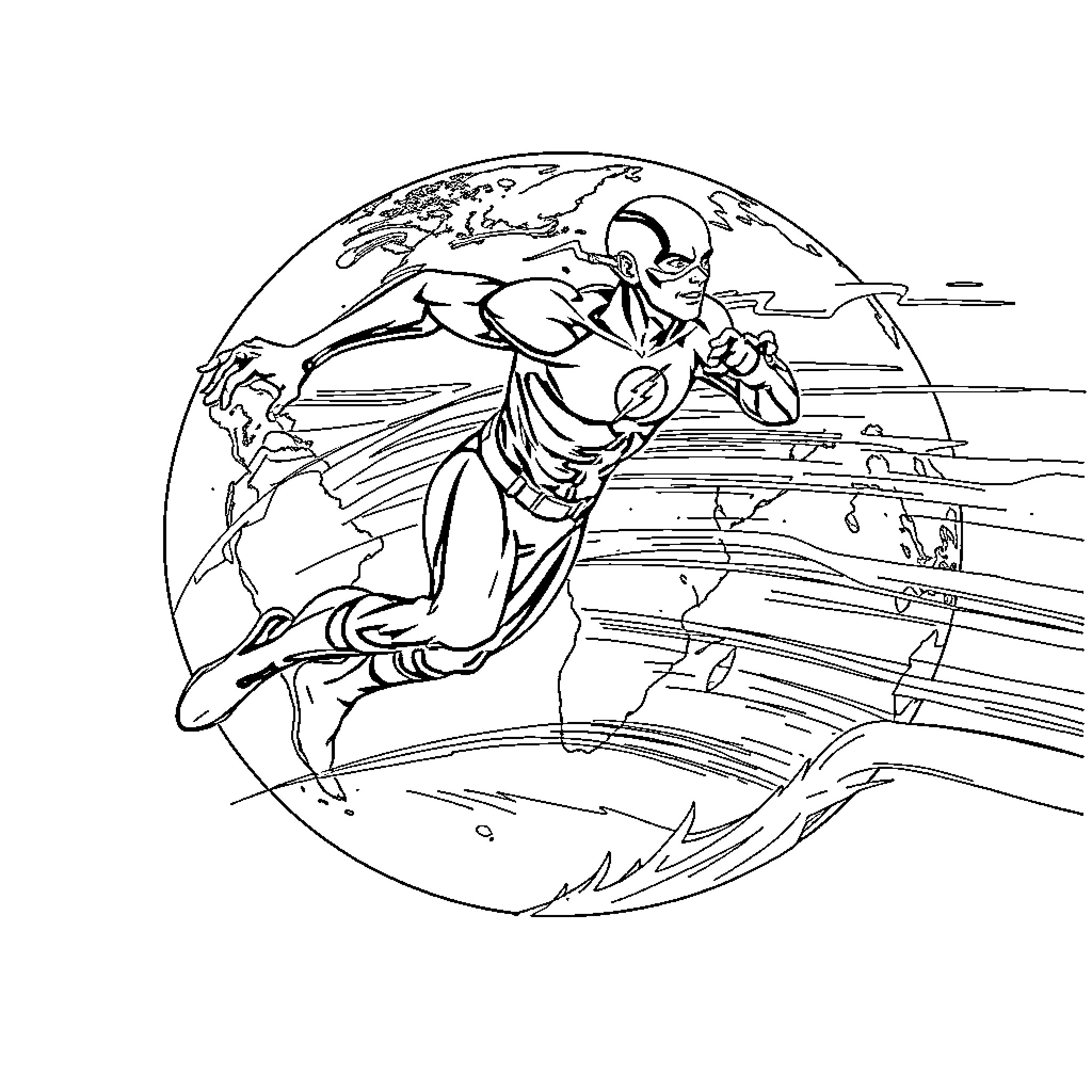 Flash racing across the world in heroic pose Coloring Page (free black-and-white line drawing printable PDF for all, from beginners to advanced learners, including children, teens, adults, and seniors)