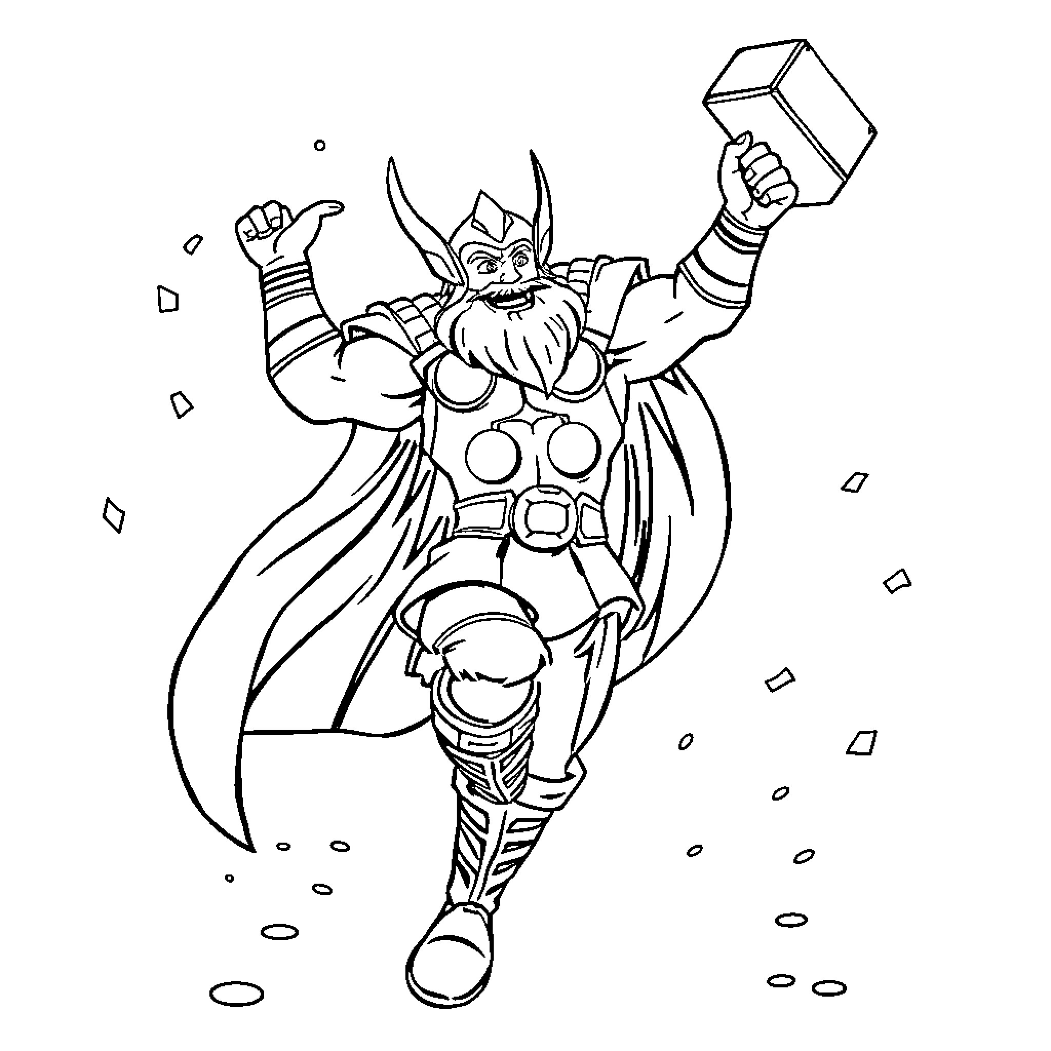 Thor wielding his mighty hammer in action Coloring Page (free black-and-white line drawing printable PDF for all, from beginners to advanced learners, including children, teens, adults, and seniors)