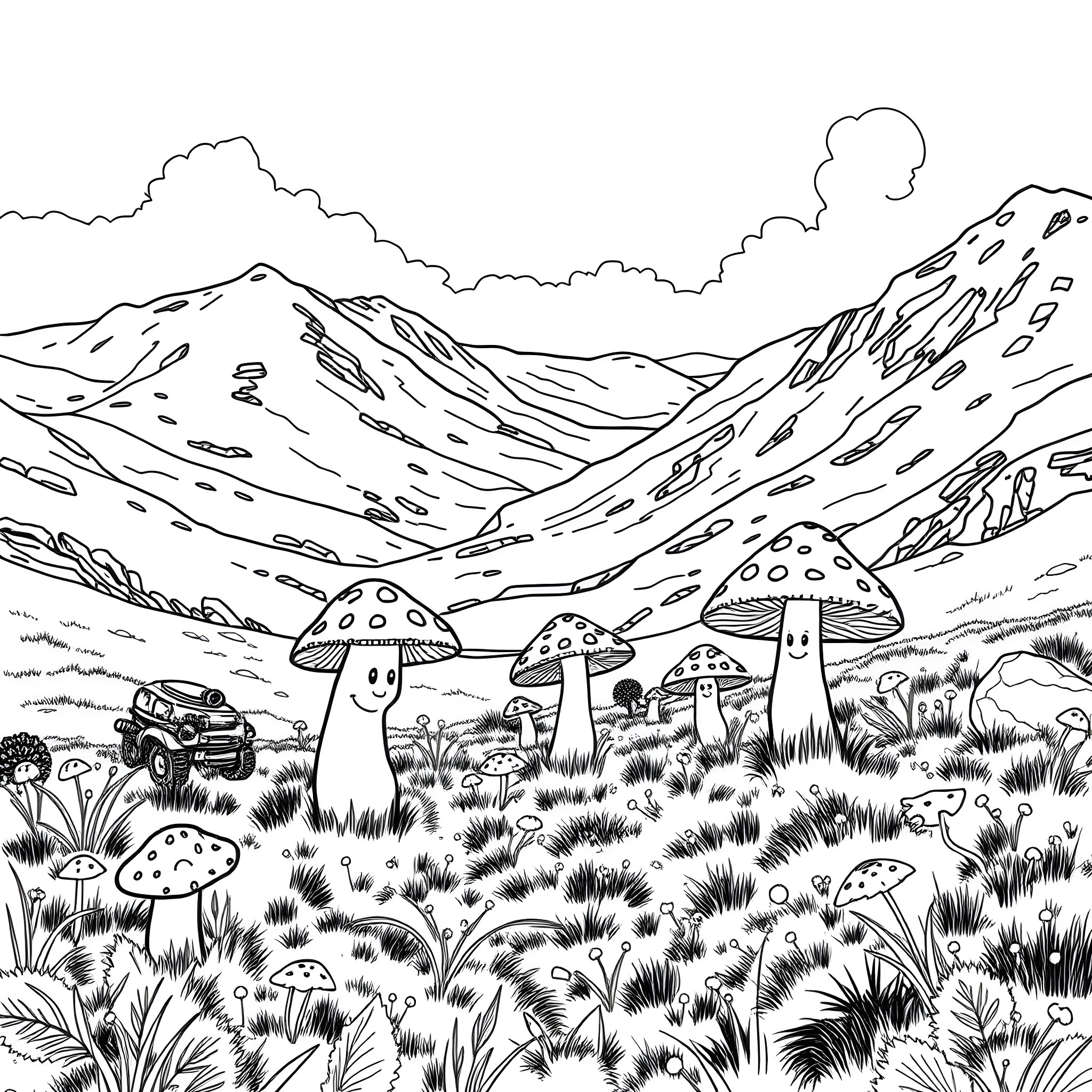 Mushroom Friends in the Scenic Mountains Coloring Page (free black-and-white line drawing printable PDF for all, from beginners to advanced learners, including children, teens, adults, and seniors)