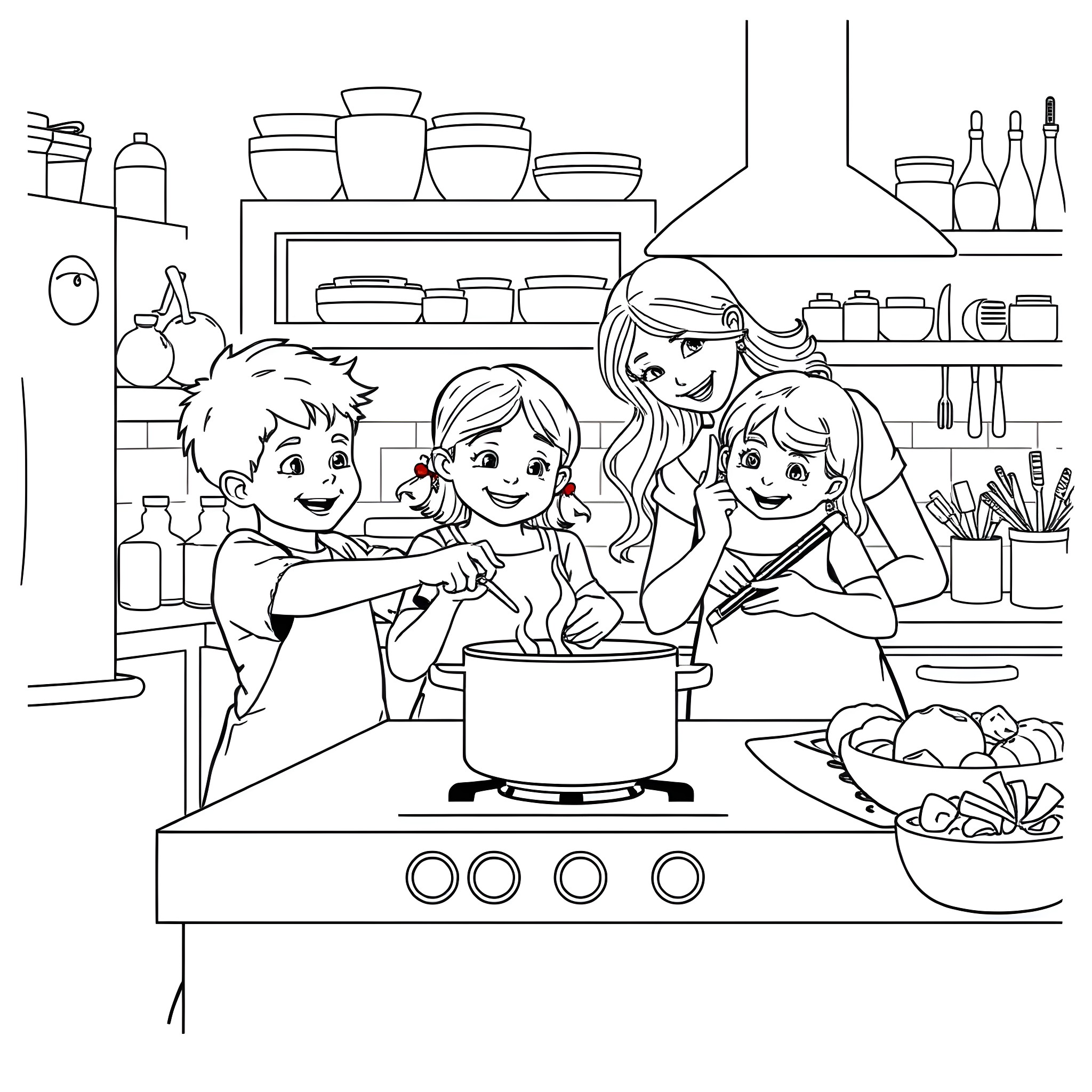 Child Family Cooking Together in Kitchen Coloring Page (free black-and-white line drawing printable PDF for all, from beginners to advanced learners, including children, teens, adults, and seniors)