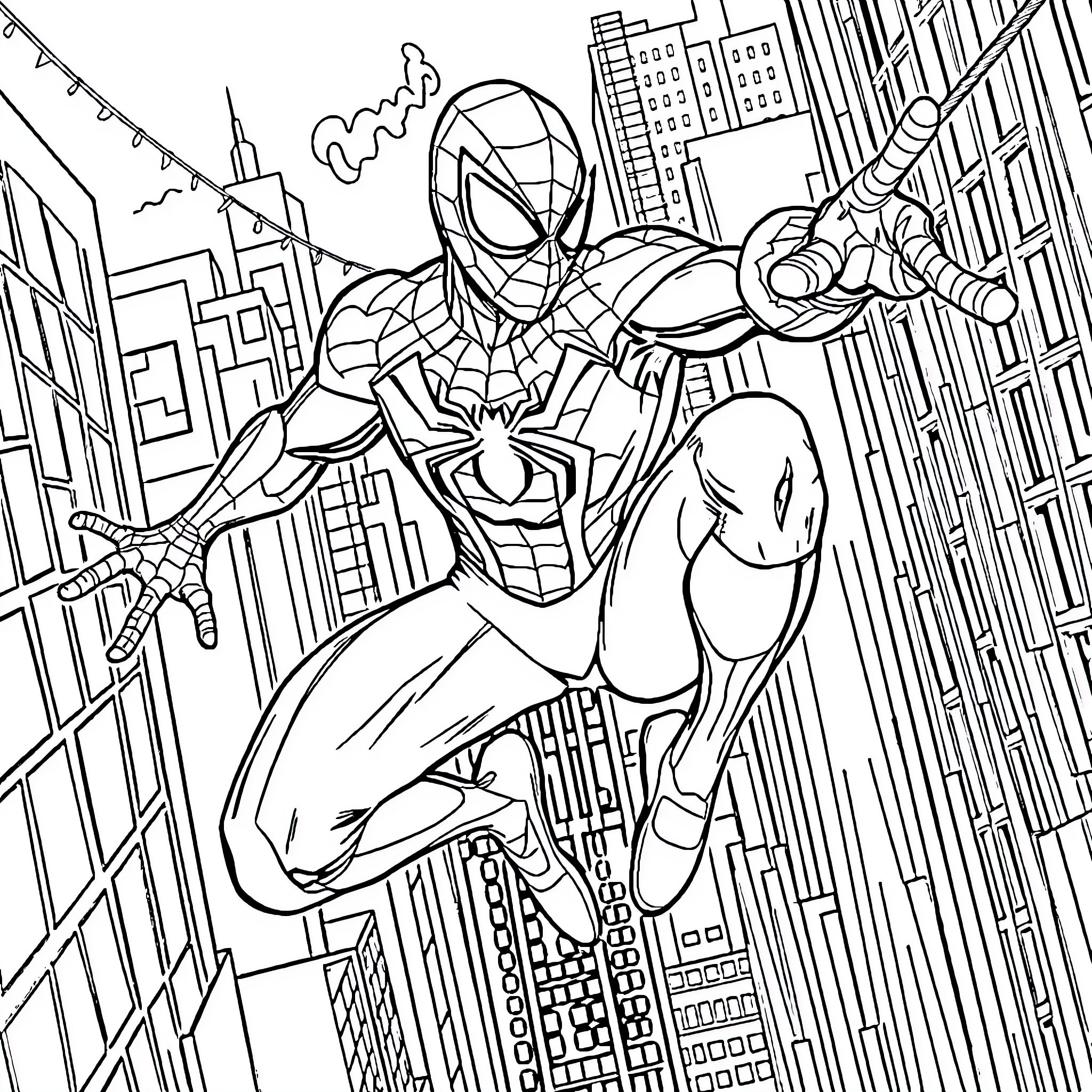 Spider-Man swinging through the city skyline Coloring Page (free black-and-white line drawing printable PDF for all, from beginners to advanced learners, including children, teens, adults, and seniors)