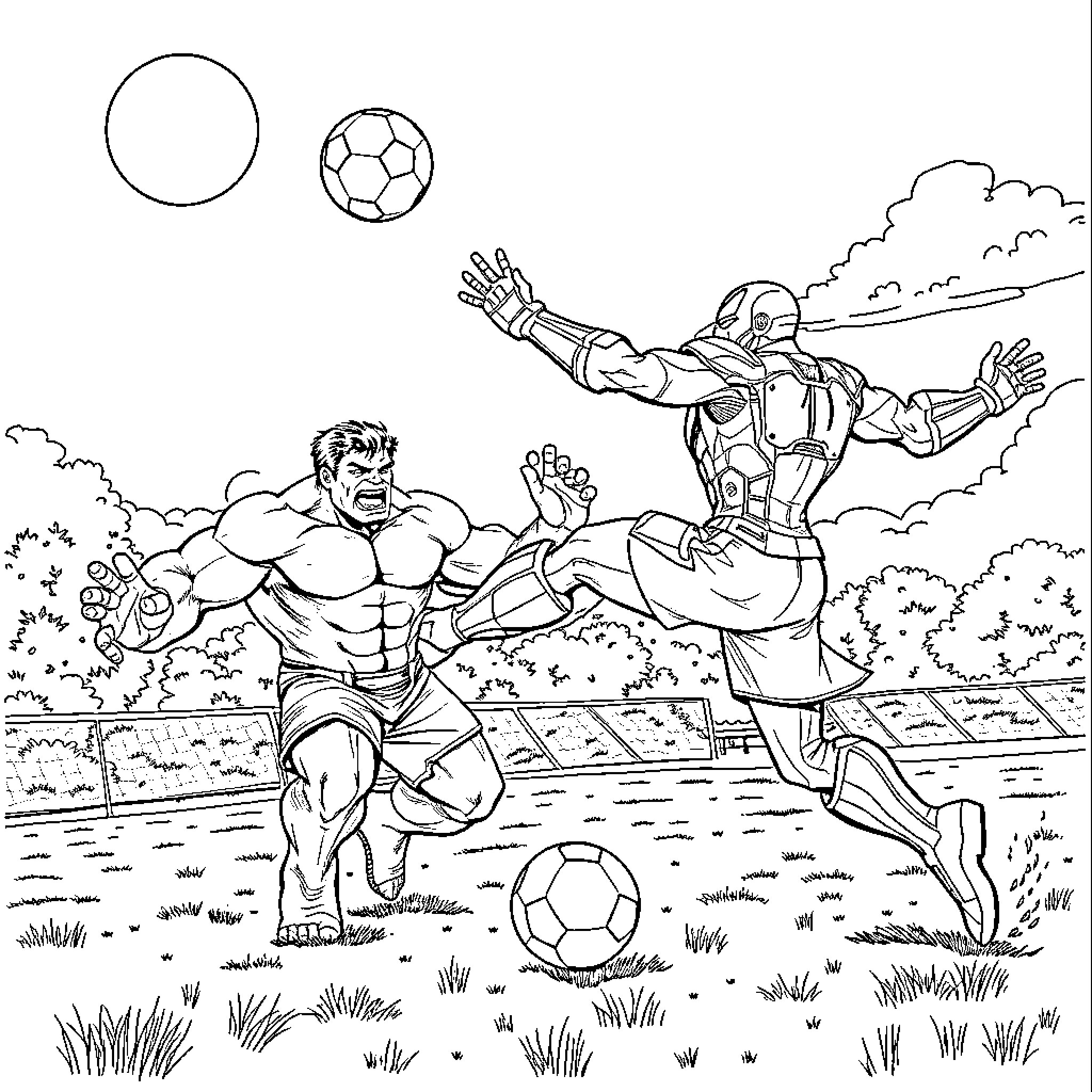 Hulk Battles Armored Superhero on Soccer Field Coloring Page (free black-and-white line drawing printable PDF for all, from beginners to advanced learners, including children, teens, adults, and seniors)
