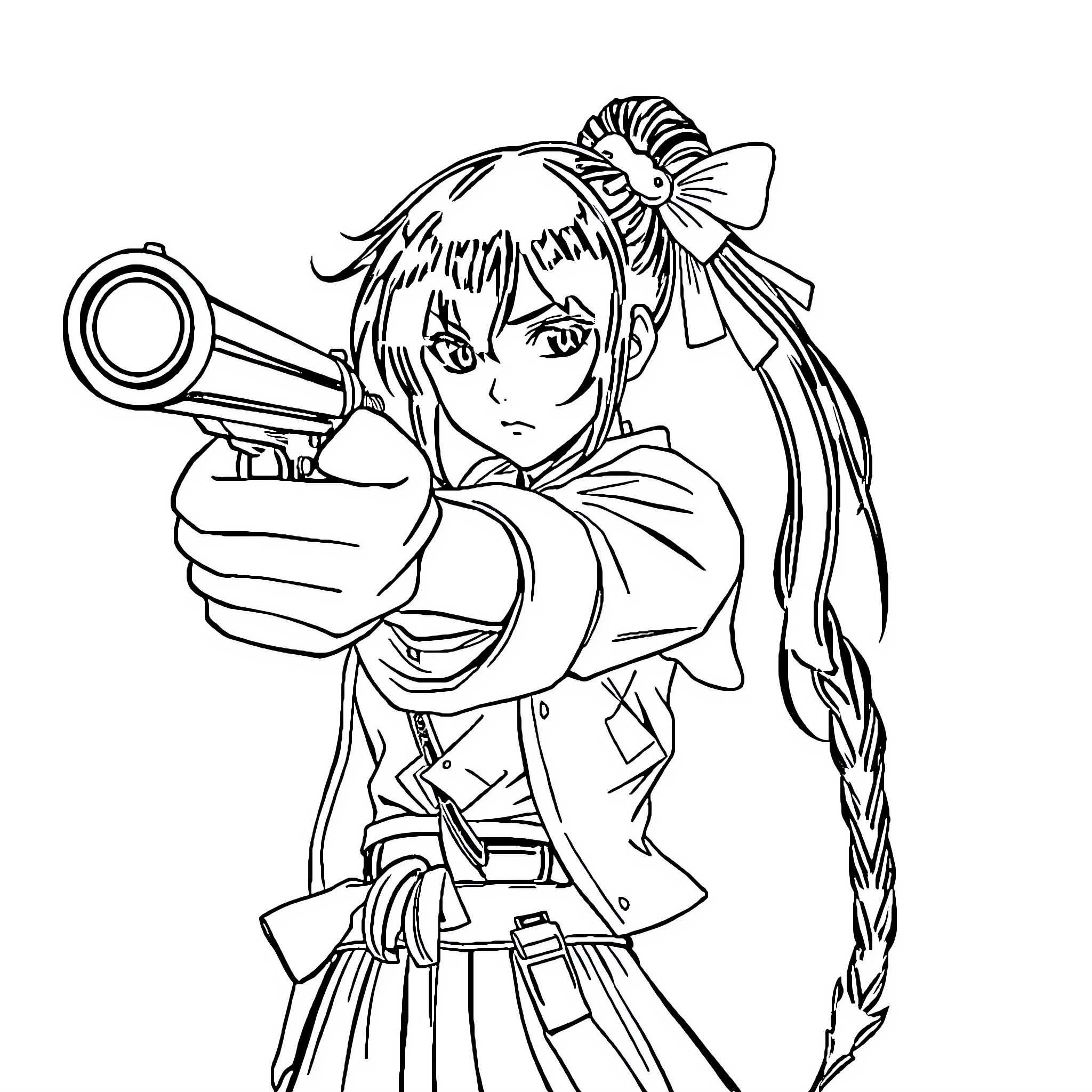 Tokisaki Kurumi in a fierce battle stance Coloring Page (free black-and-white line drawing printable PDF for all, from beginners to advanced learners, including children, teens, adults, and seniors)