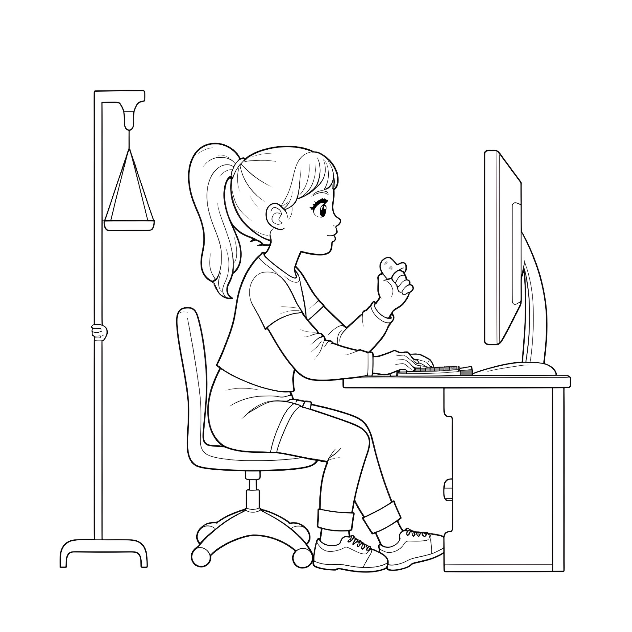 Girl studying at desk with computer and lab equipment Coloring Page (free black-and-white line drawing printable PDF for all, from beginners to advanced learners, including children, teens, adults, and seniors)