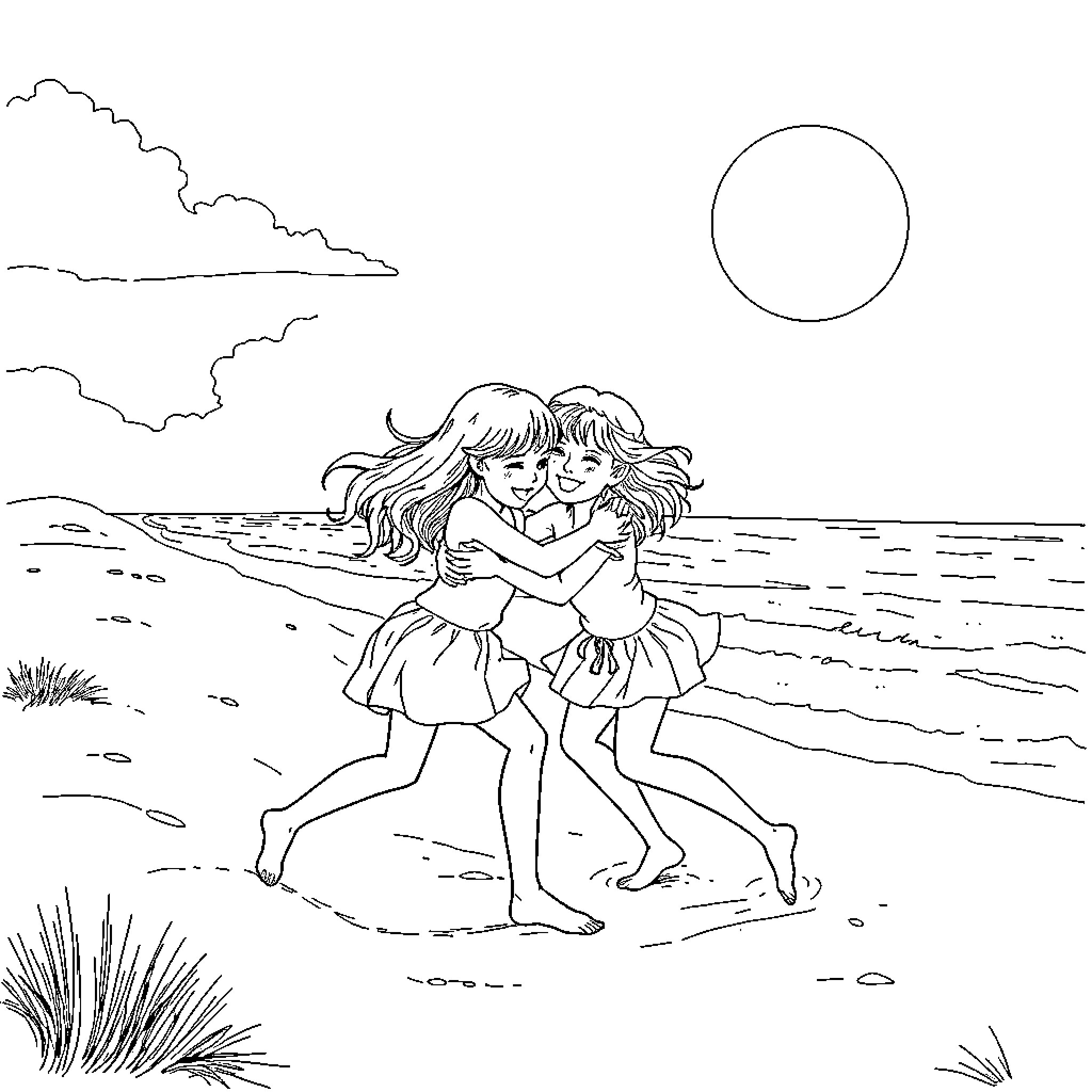 Girls playing joyfully on the beach Coloring Page (free black-and-white line drawing printable PDF for all, from beginners to advanced learners, including children, teens, adults, and seniors)
