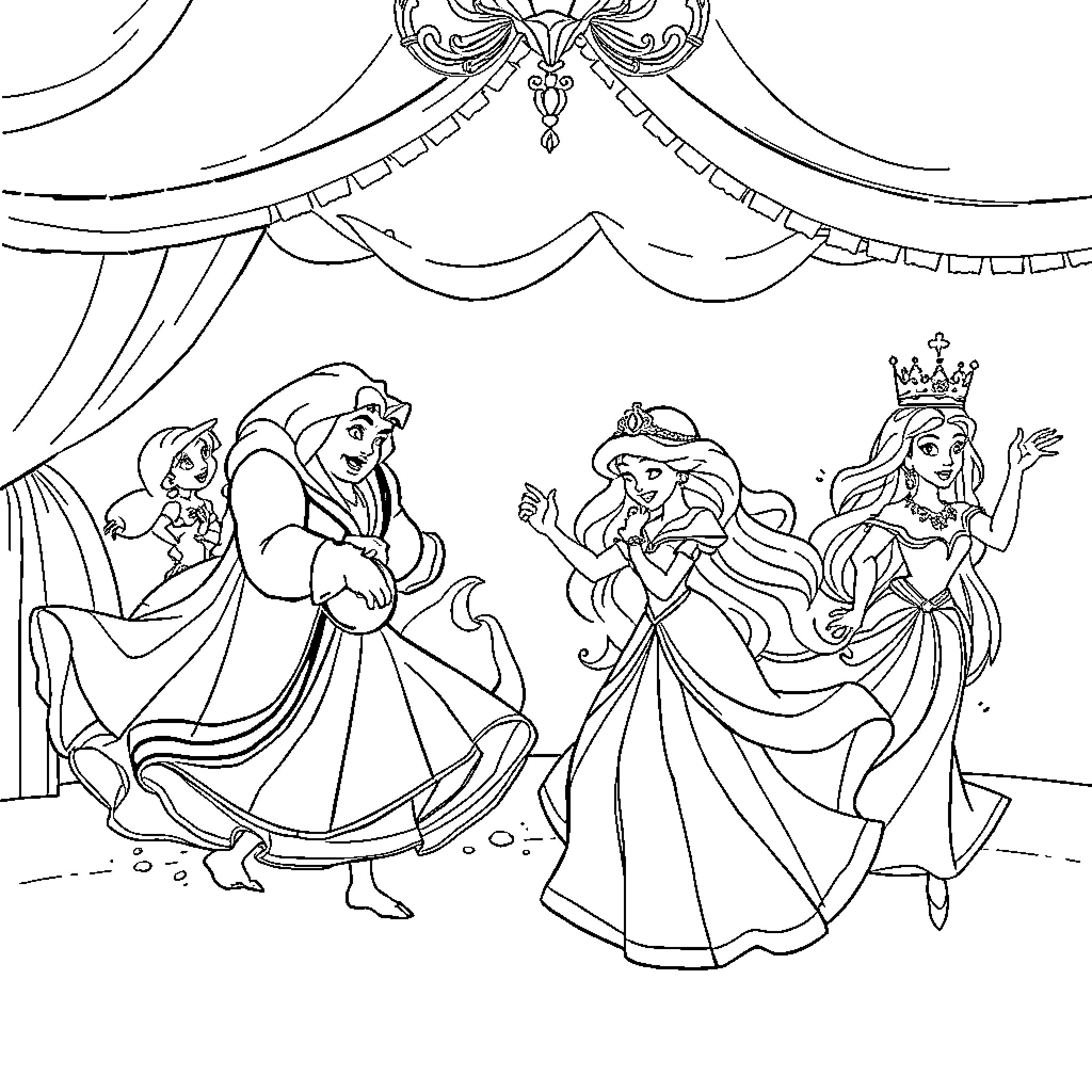 Princess Dancing and Celebrating in the Castle Coloring Page (free black-and-white line drawing printable PDF for all, from beginners to advanced learners, including children, teens, adults, and seniors)