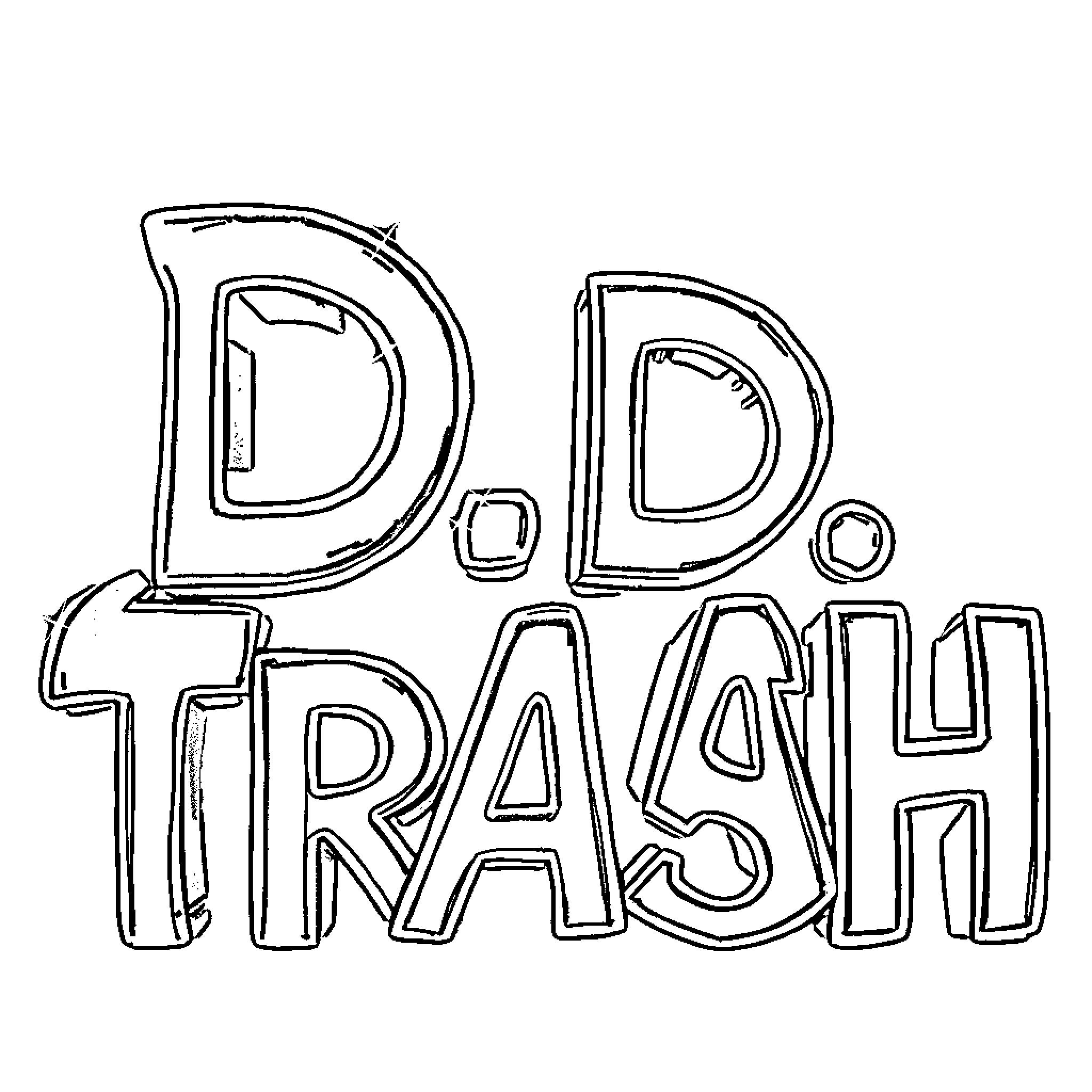 D.D.TRASH Playful Handwritten Typography Coloring Page (free black-and-white line drawing printable PDF for all, from beginners to advanced learners, including children, teens, adults, and seniors)