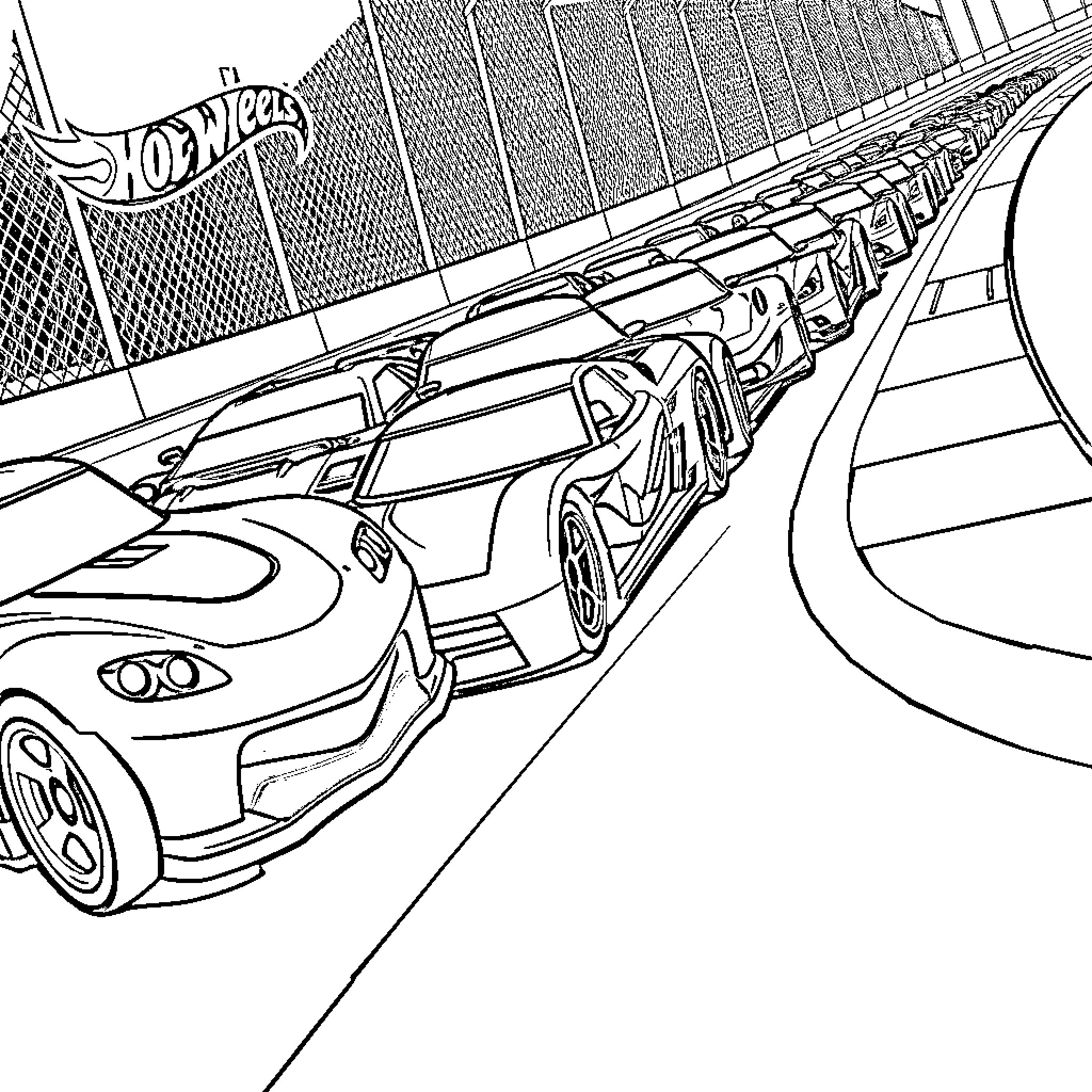 Hot Wheels Racing Cars on Track Coloring Page (free black-and-white line drawing printable PDF for all, from beginners to advanced learners, including children, teens, adults, and seniors)