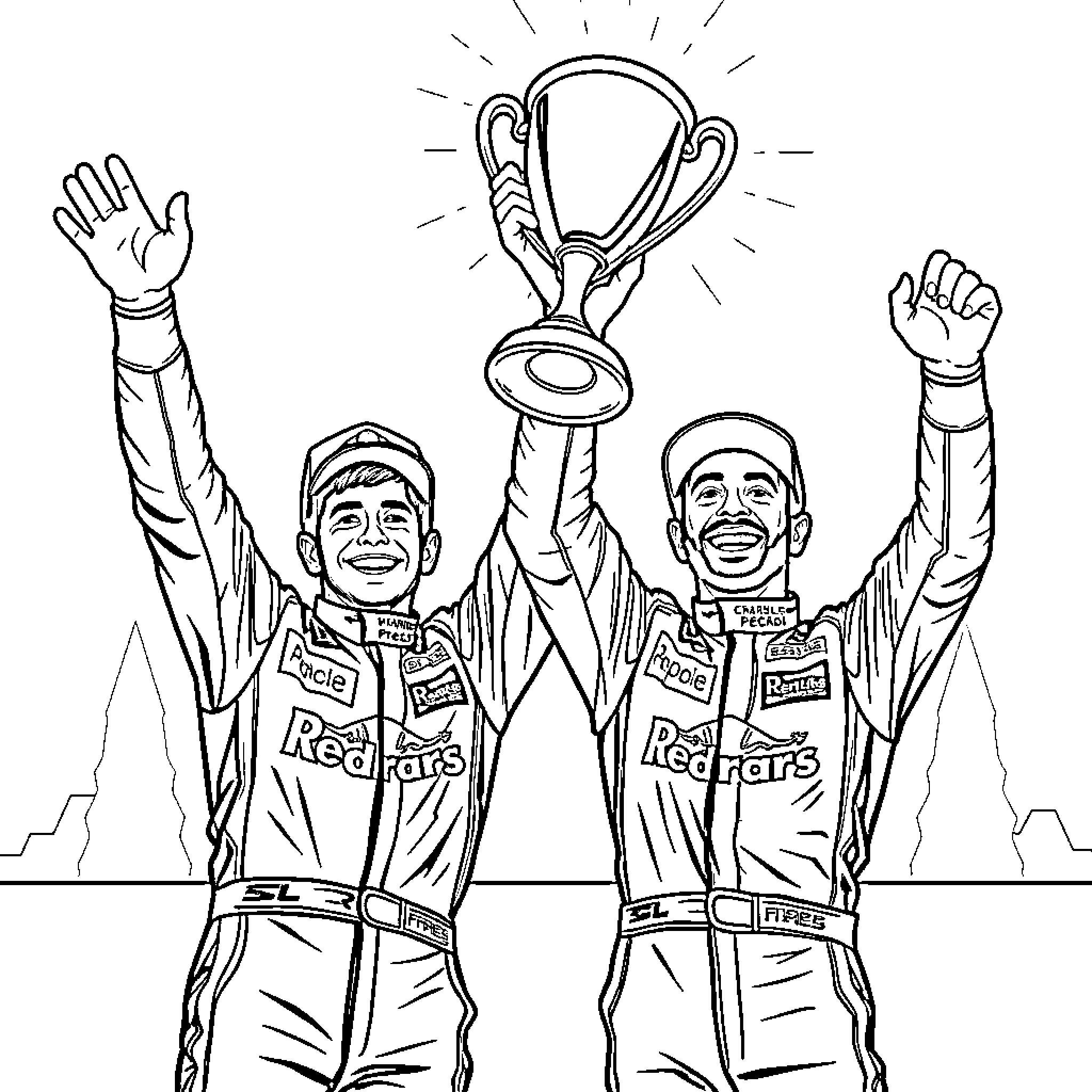 Charles Leclerc and teammate celebrating victory with trophy Coloring Page (free black-and-white line drawing printable PDF for all, from beginners to advanced learners, including children, teens, adults, and seniors)