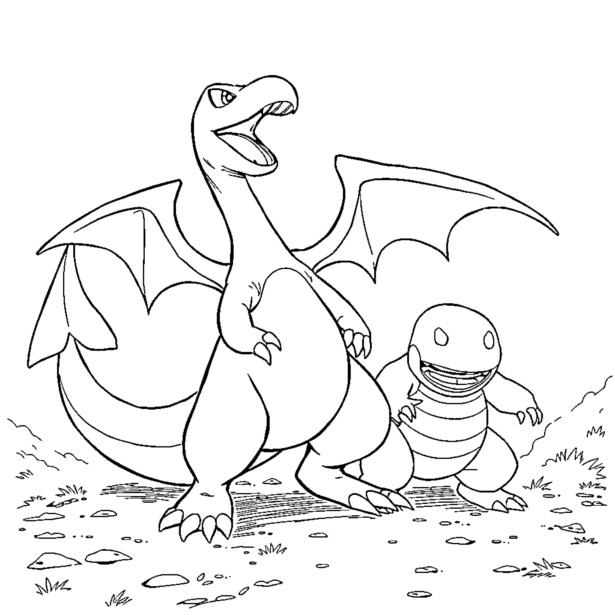 Charizard and Charmander in the Outdoors Coloring Page (free black-and-white line drawing printable PDF for all, from beginners to advanced learners, including children, teens, adults, and seniors)