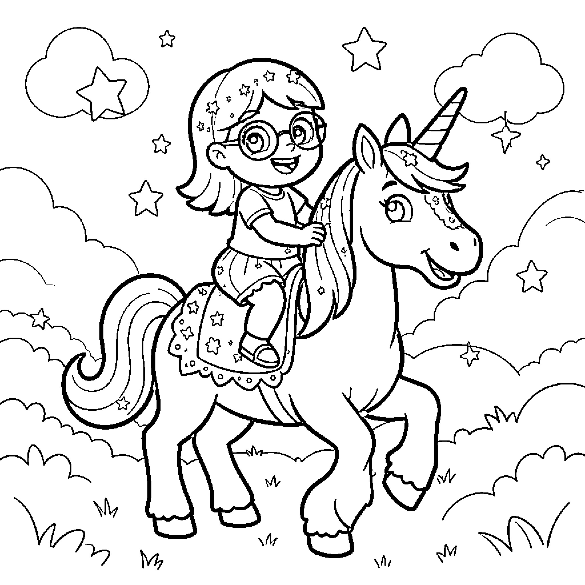 Bluey character riding a magical unicorn through the clouds Coloring Page (free black-and-white line drawing printable PDF for all, from beginners to advanced learners, including children, teens, adults, and seniors)