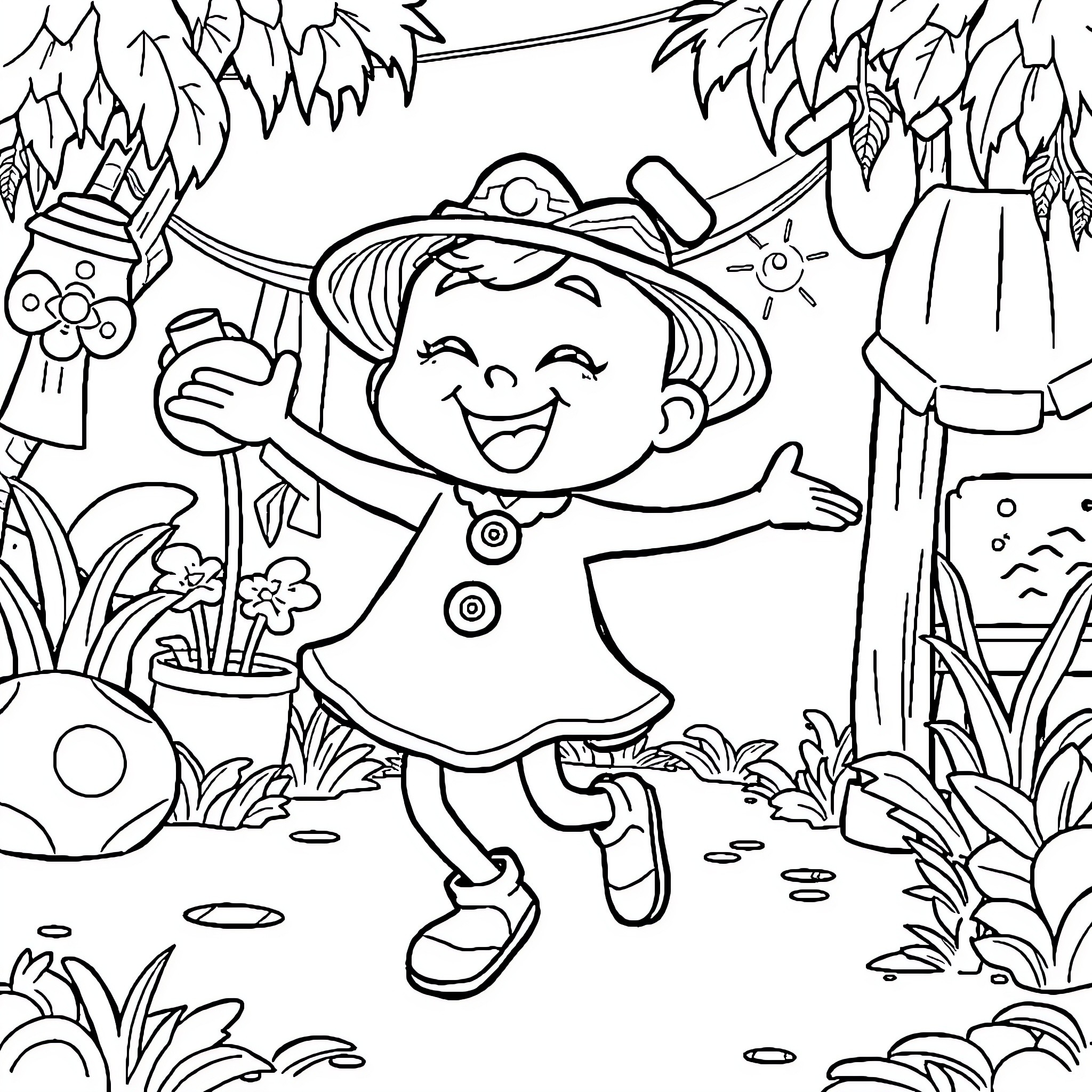 Labubu enjoying outdoor adventure in nature Coloring Page (free black-and-white line drawing printable PDF for all, from beginners to advanced learners, including children, teens, adults, and seniors)