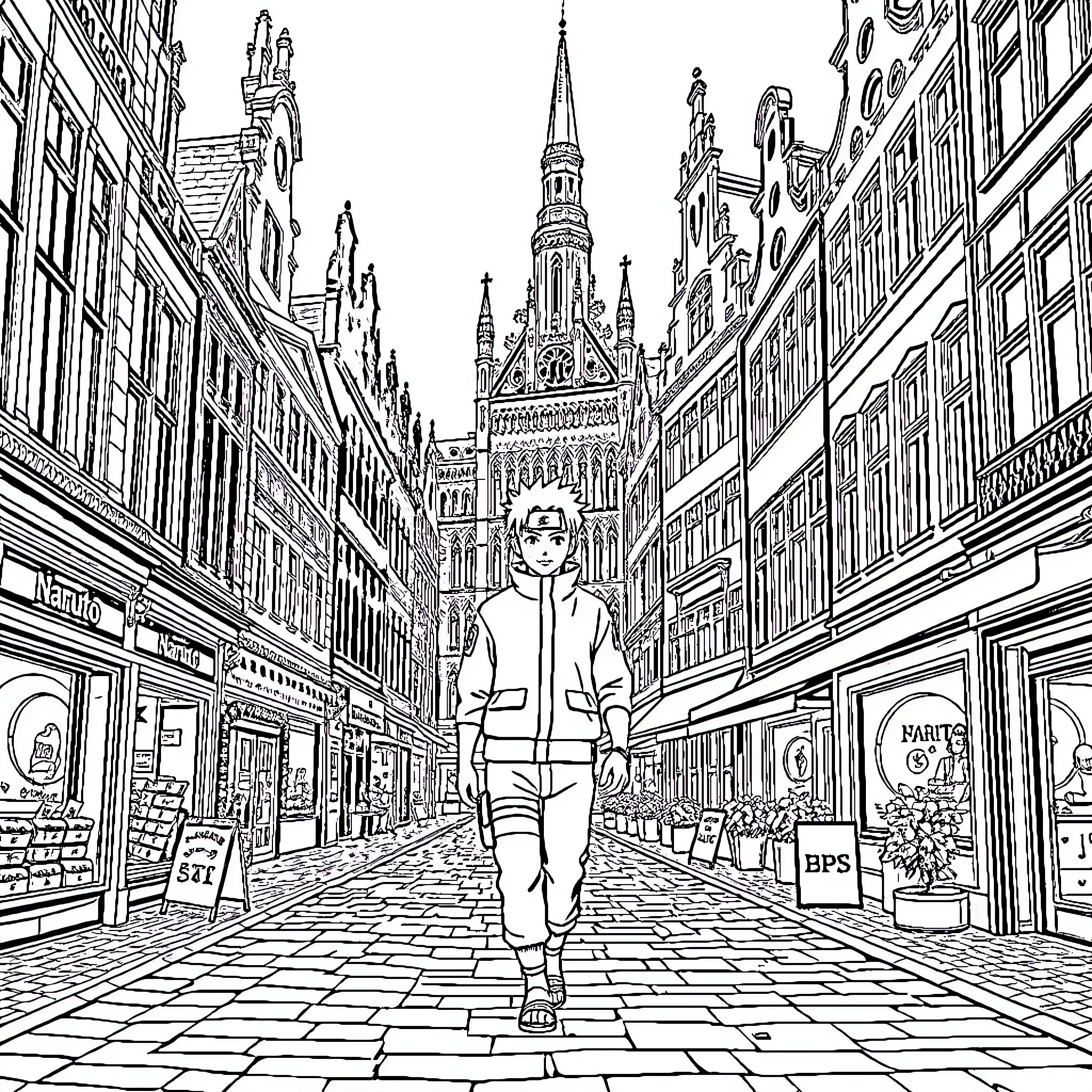 Naruto Exploring the Vibrant Streets of a Historic City Coloring Page (free black-and-white line drawing printable PDF for all, from beginners to advanced learners, including children, teens, adults, and seniors)