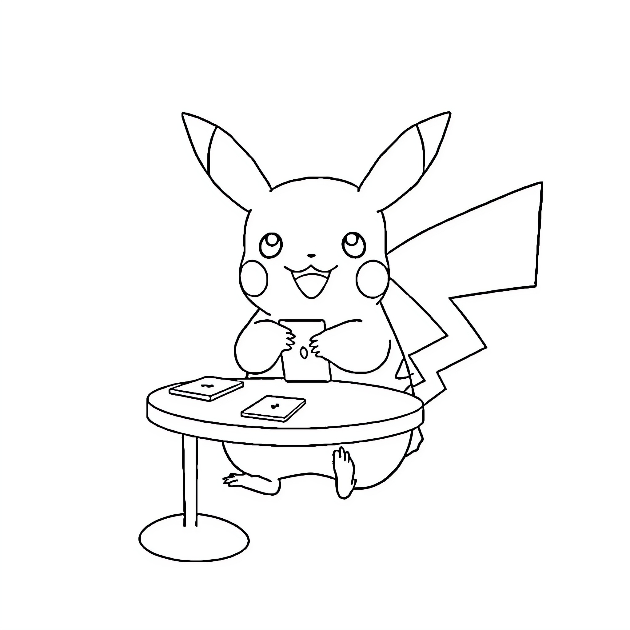 Pikachu playing a video game happily Coloring Page (free black-and-white line drawing printable PDF for all, from beginners to advanced learners, including children, teens, adults, and seniors)