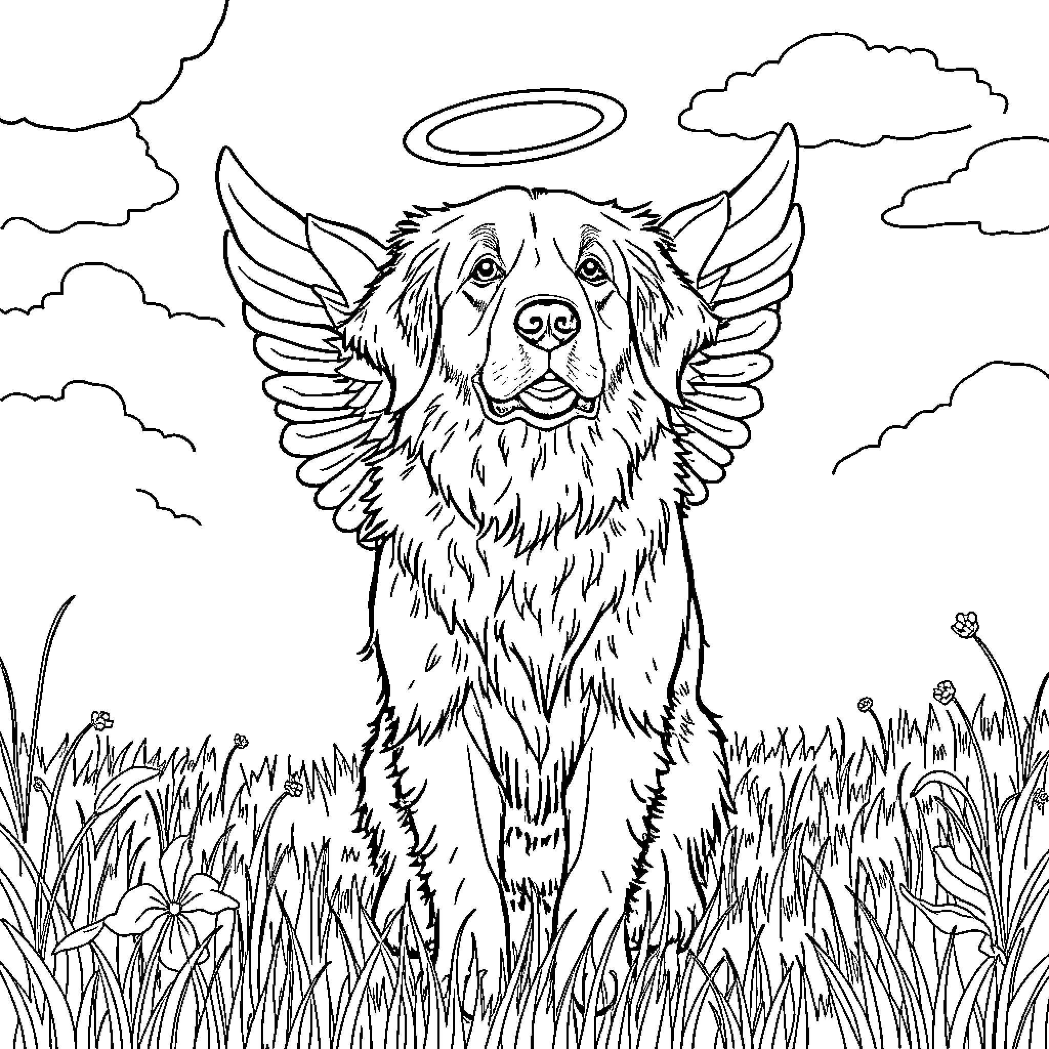 Retriever with wings in a serene meadow Coloring Page (free black-and-white line drawing printable PDF for all, from beginners to advanced learners, including children, teens, adults, and seniors)