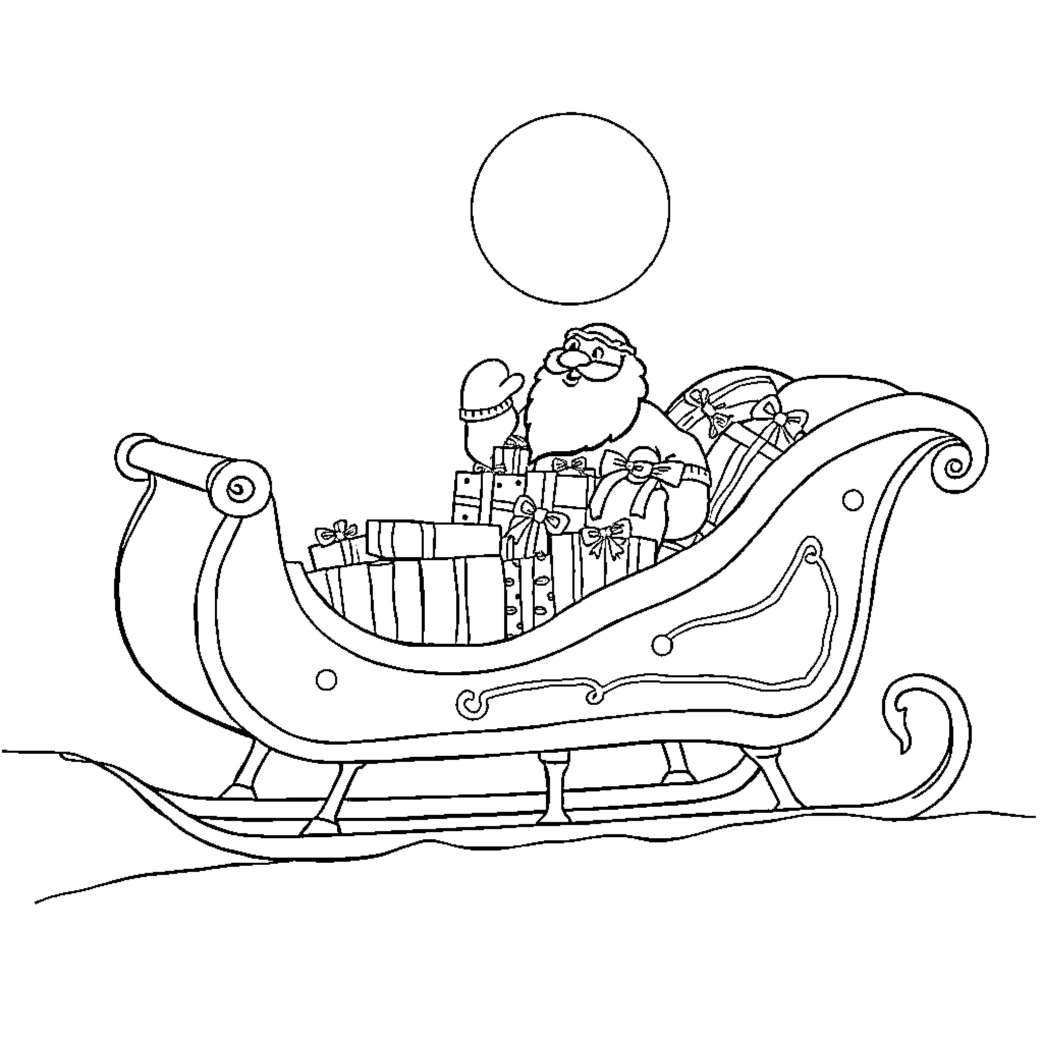 Santa's Sledge Carrying Gifts for the Holidays Coloring Page (free black-and-white line drawing printable PDF for all, from beginners to advanced learners, including children, teens, adults, and seniors)