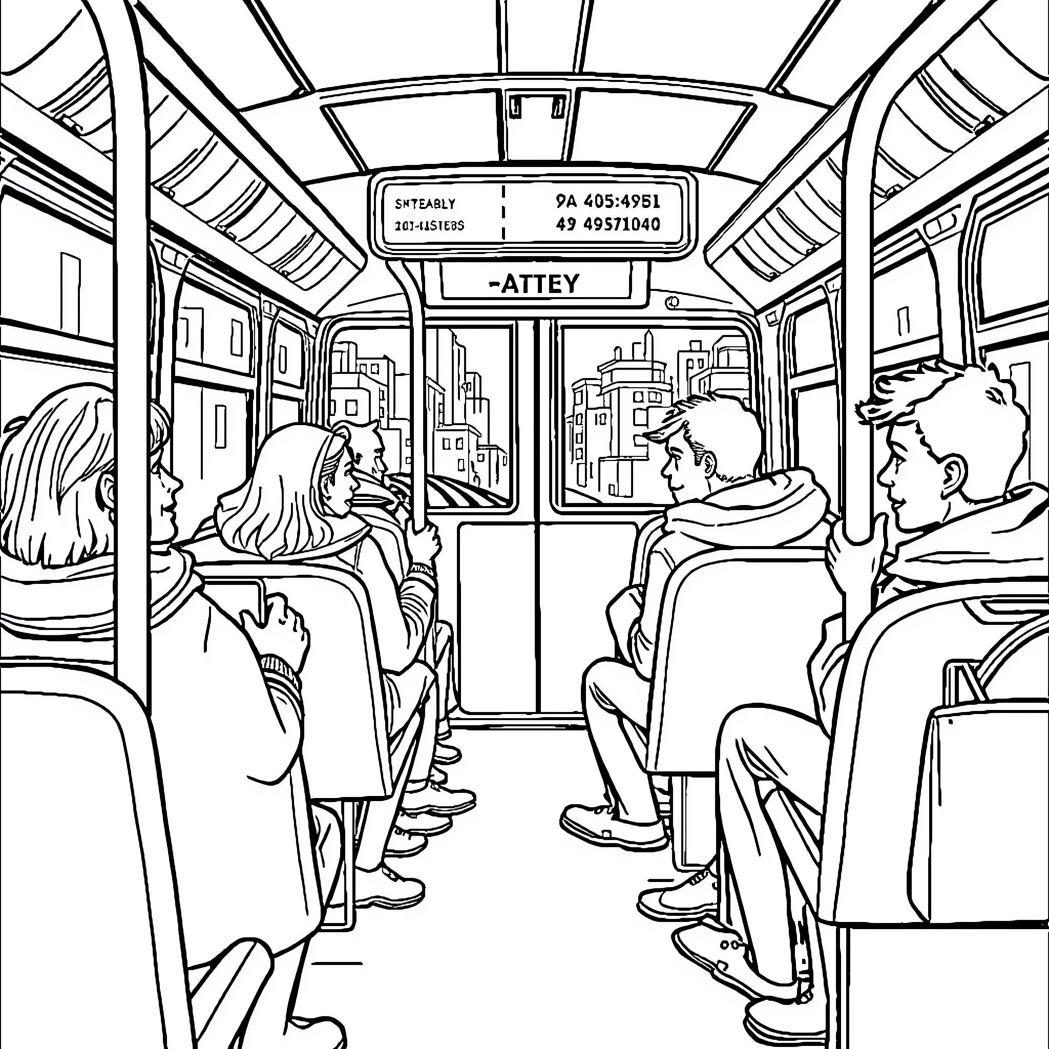Bus Passengers Riding on Public Transportation Coloring Page (free black-and-white line drawing printable PDF for all, from beginners to advanced learners, including children, teens, adults, and seniors)