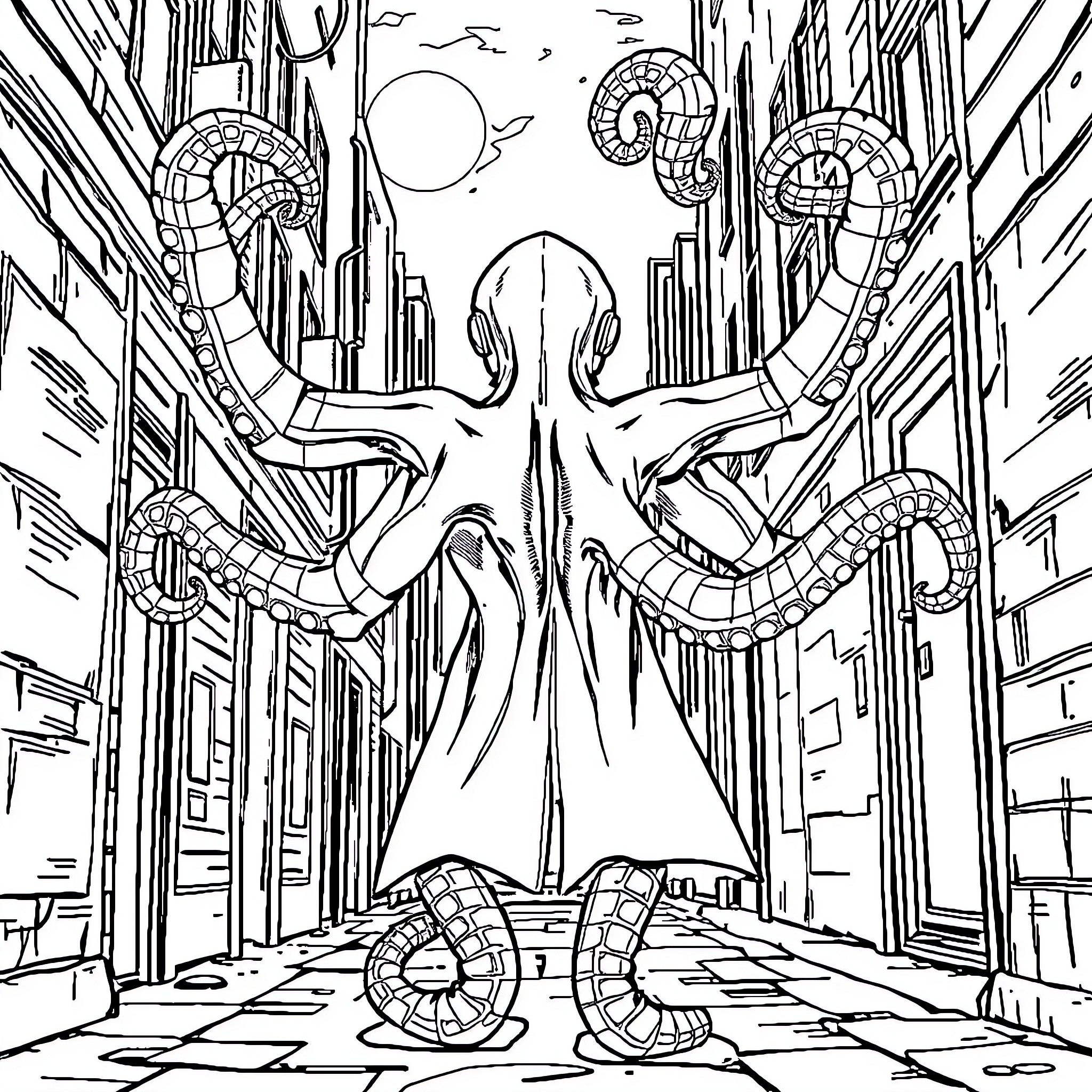 Doctor Octopus Unleashes Tentacles in Futuristic City Coloring Page (free black-and-white line drawing printable PDF for all, from beginners to advanced learners, including children, teens, adults, and seniors)