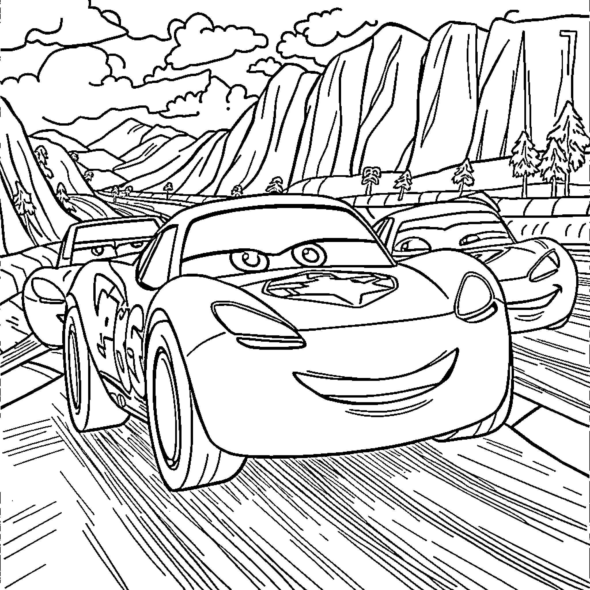 Car speeding through scenic mountain landscape Coloring Page (free black-and-white line drawing printable PDF for all, from beginners to advanced learners, including children, teens, adults, and seniors)