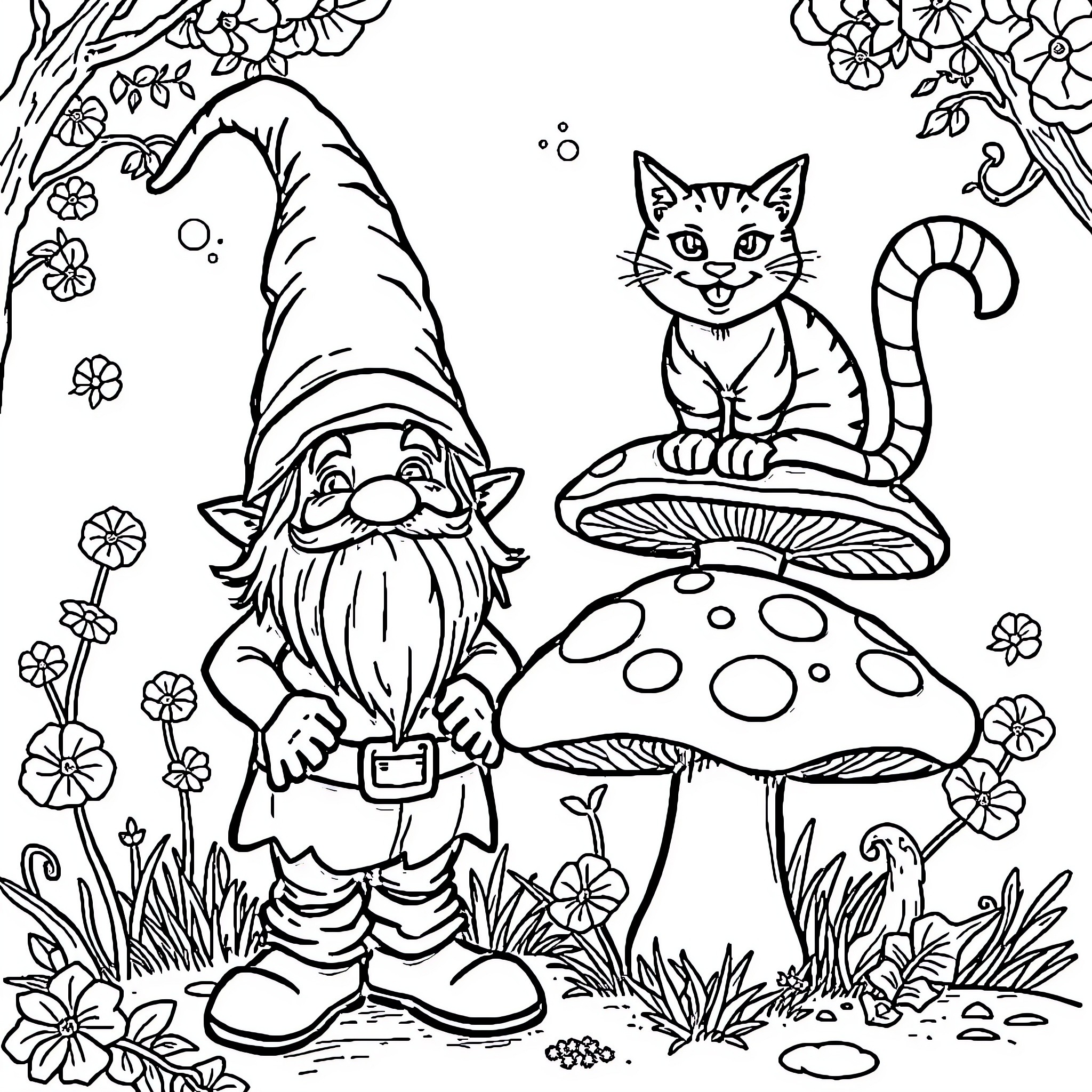 Gnome and cat in a whimsical mushroom garden Coloring Page (free black-and-white line drawing printable PDF for all, from beginners to advanced learners, including children, teens, adults, and seniors)
