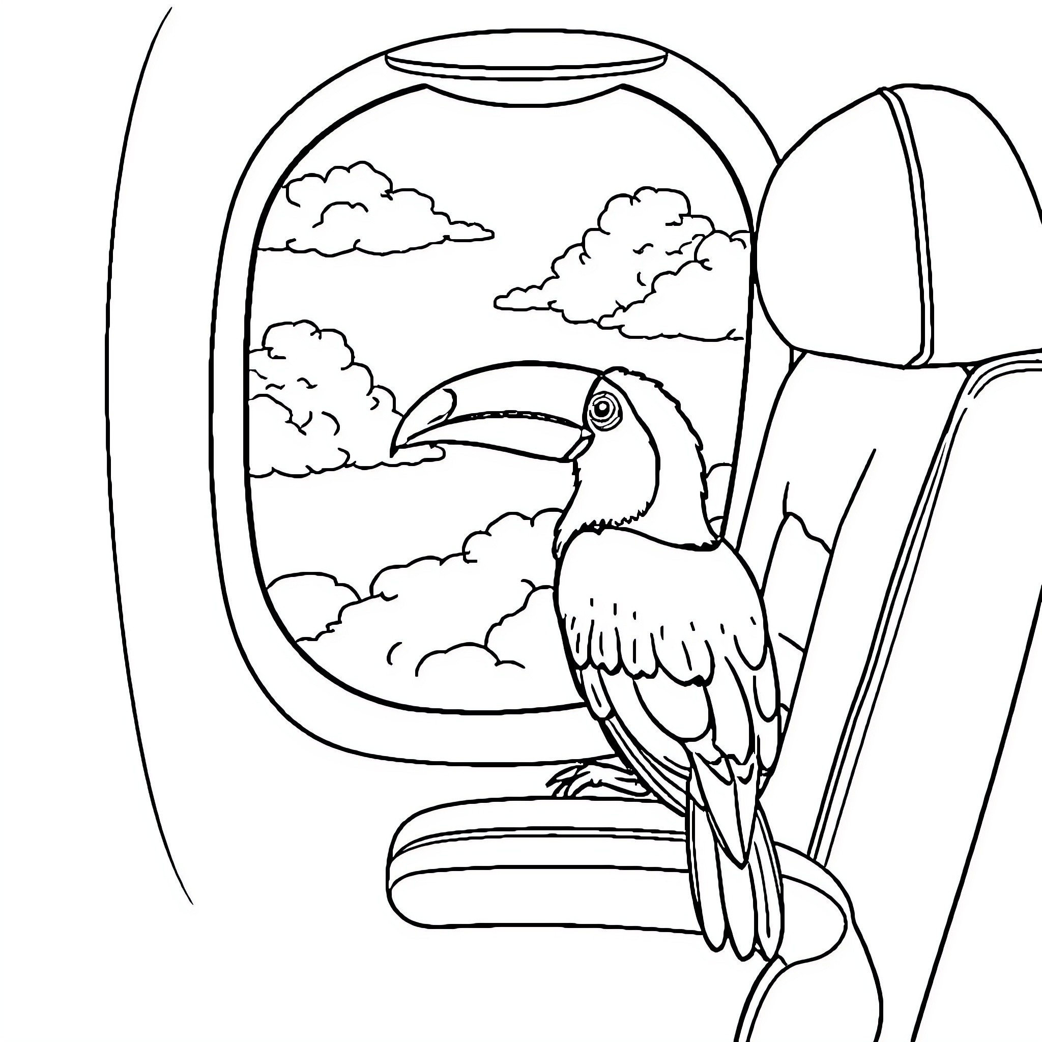 Toucan enjoying the view from airplane window Coloring Page (free black-and-white line drawing printable PDF for all, from beginners to advanced learners, including children, teens, adults, and seniors)