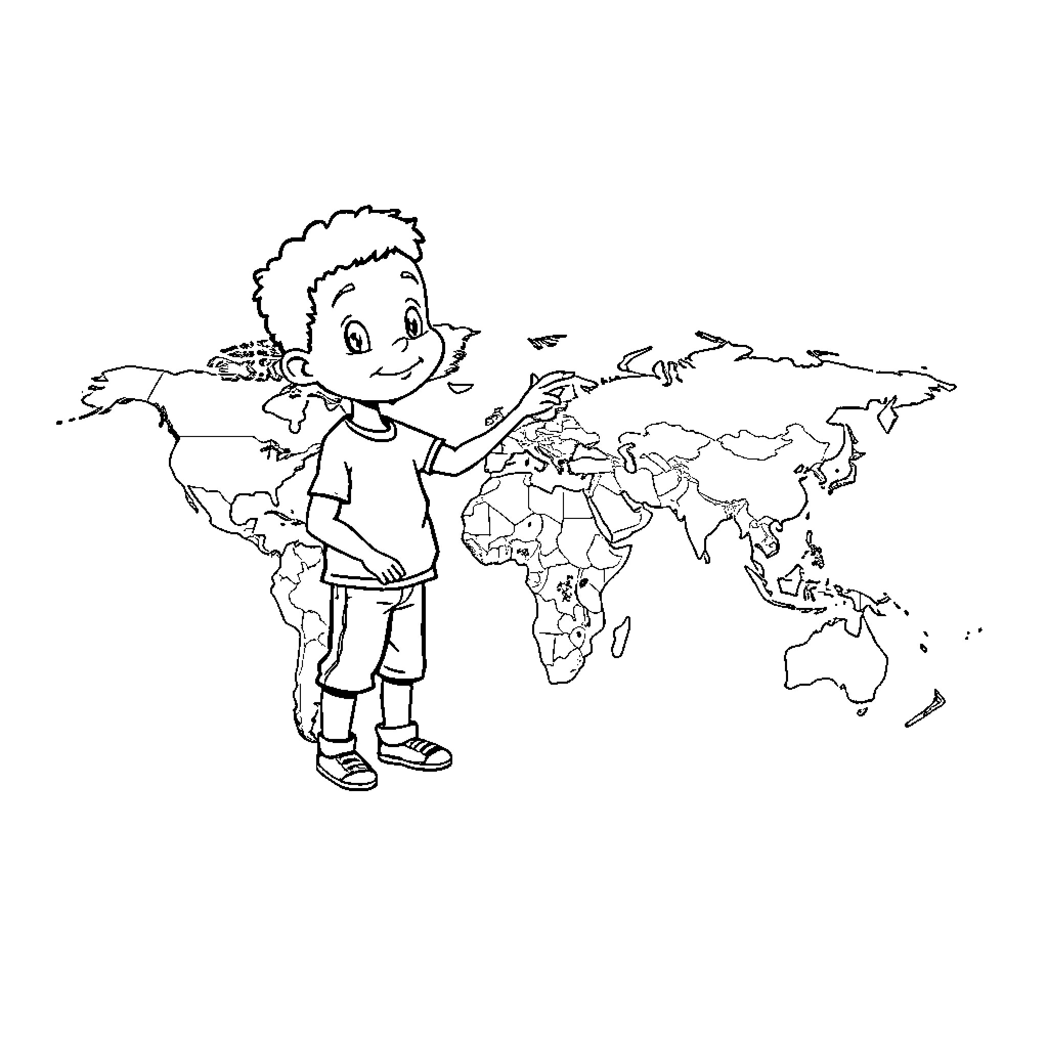 Boy exploring the world map Coloring Page (free black-and-white line drawing printable PDF for all, from beginners to advanced learners, including children, teens, adults, and seniors)