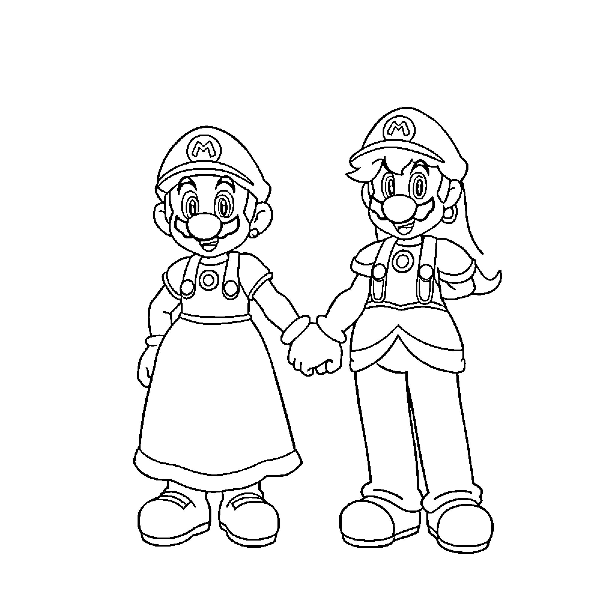 Mario and Luigi in playful poses Coloring Page (free black-and-white line drawing printable PDF for all, from beginners to advanced learners, including children, teens, adults, and seniors)