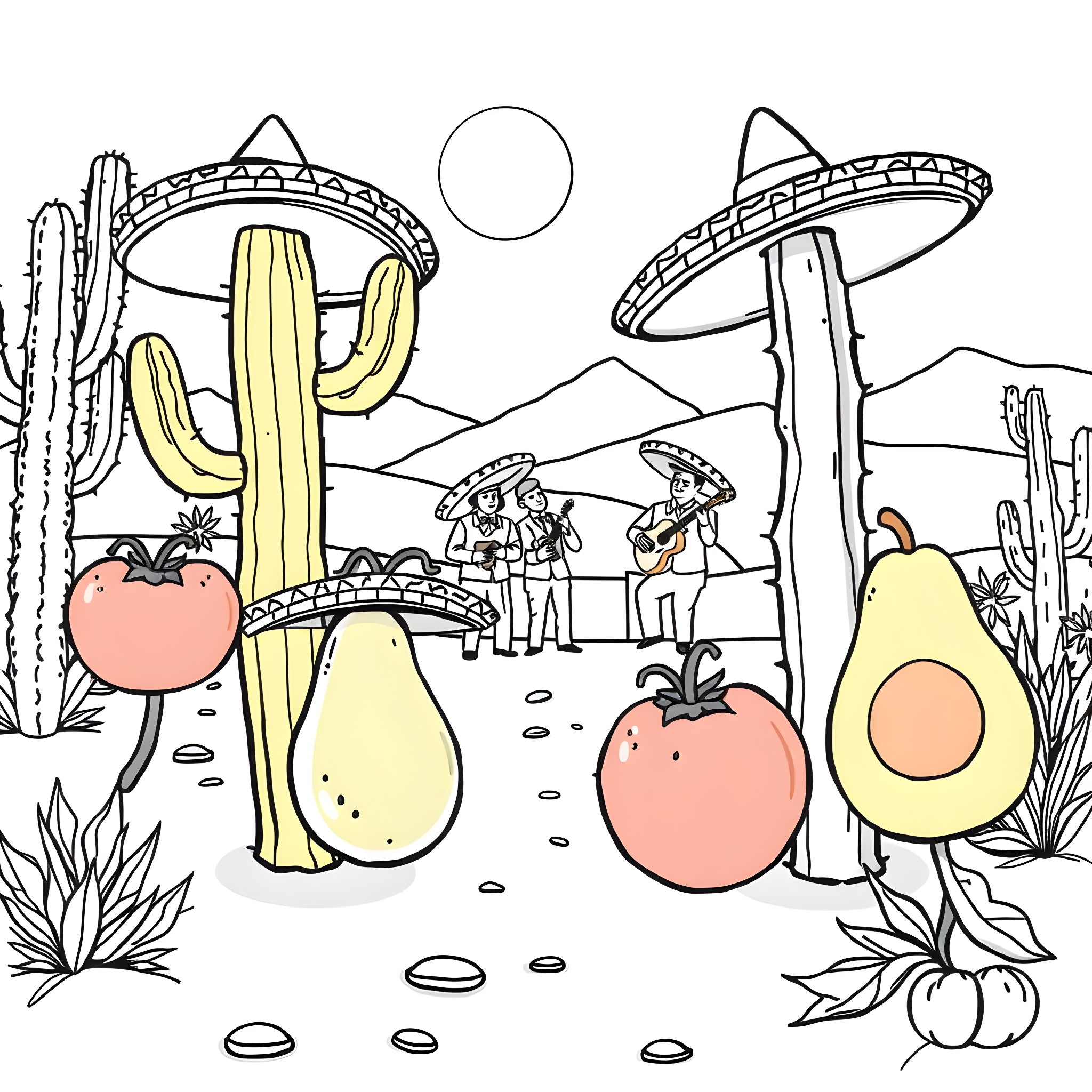Vegetable Fiesta in the Desert Coloring Page (free black-and-white line drawing printable PDF for all, from beginners to advanced learners, including children, teens, adults, and seniors)