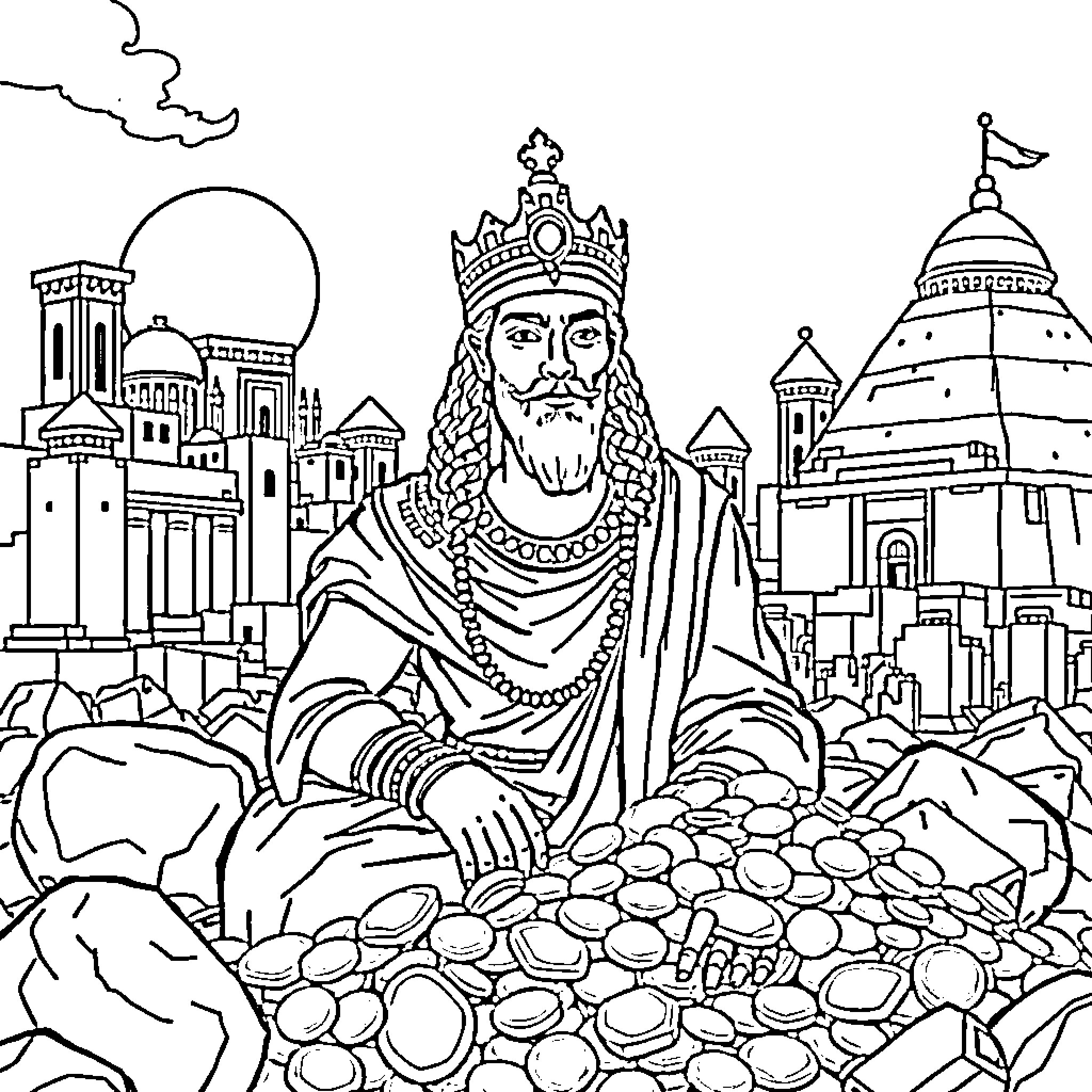 Prince amidst a lavish cityscape with crown and treasure Coloring Page (free black-and-white line drawing printable PDF for all, from beginners to advanced learners, including children, teens, adults, and seniors)