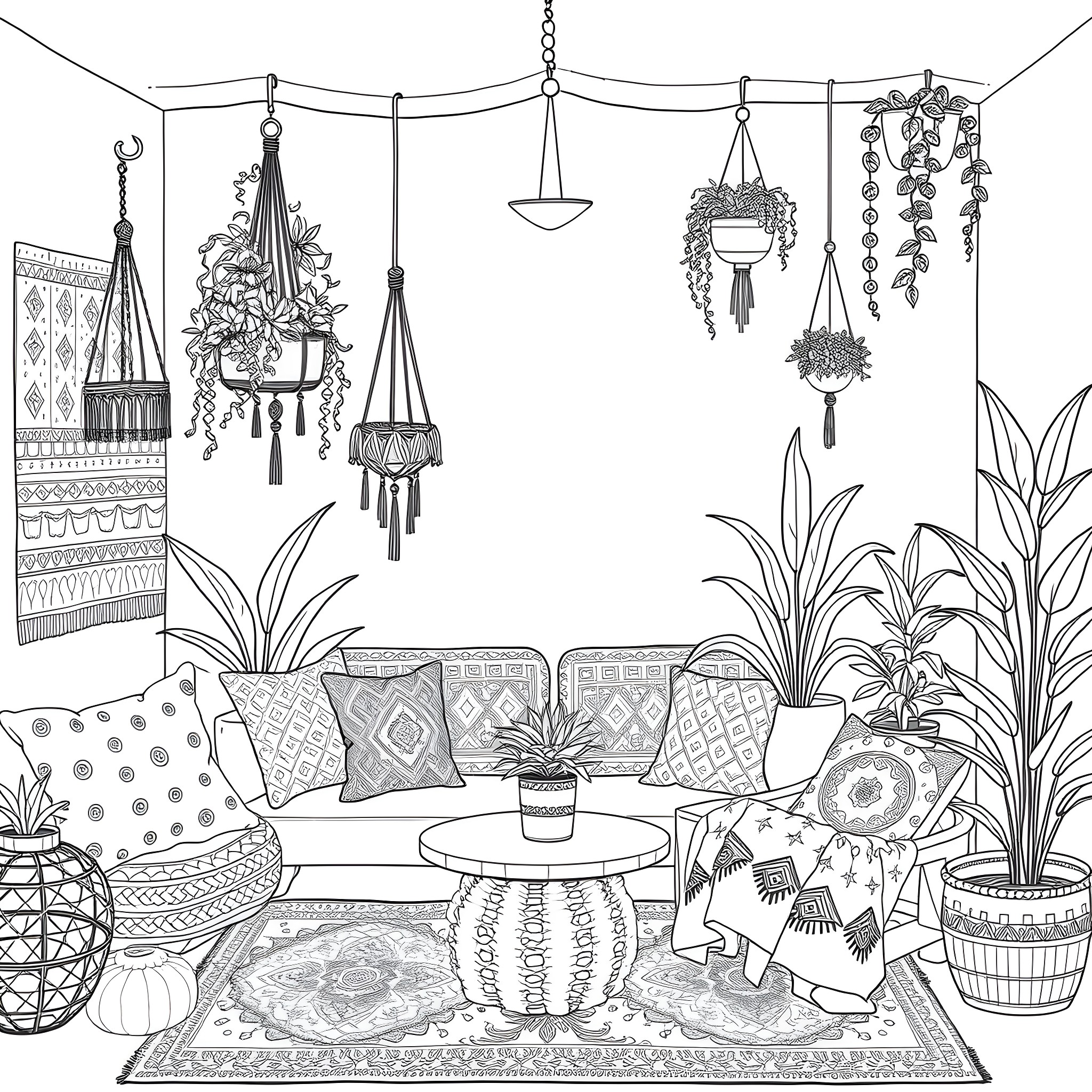 Boho Decor and Cozy Living Room Scene Coloring Page (free black-and-white line drawing printable PDF for all, from beginners to advanced learners, including children, teens, adults, and seniors)