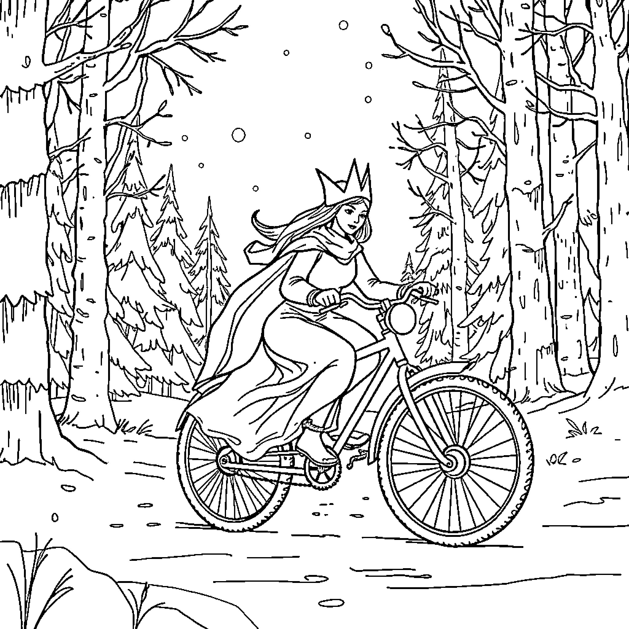 Snow Queen riding a bicycle through a snowy forest Coloring Page (free black-and-white line drawing printable PDF for all, from beginners to advanced learners, including children, teens, adults, and seniors)