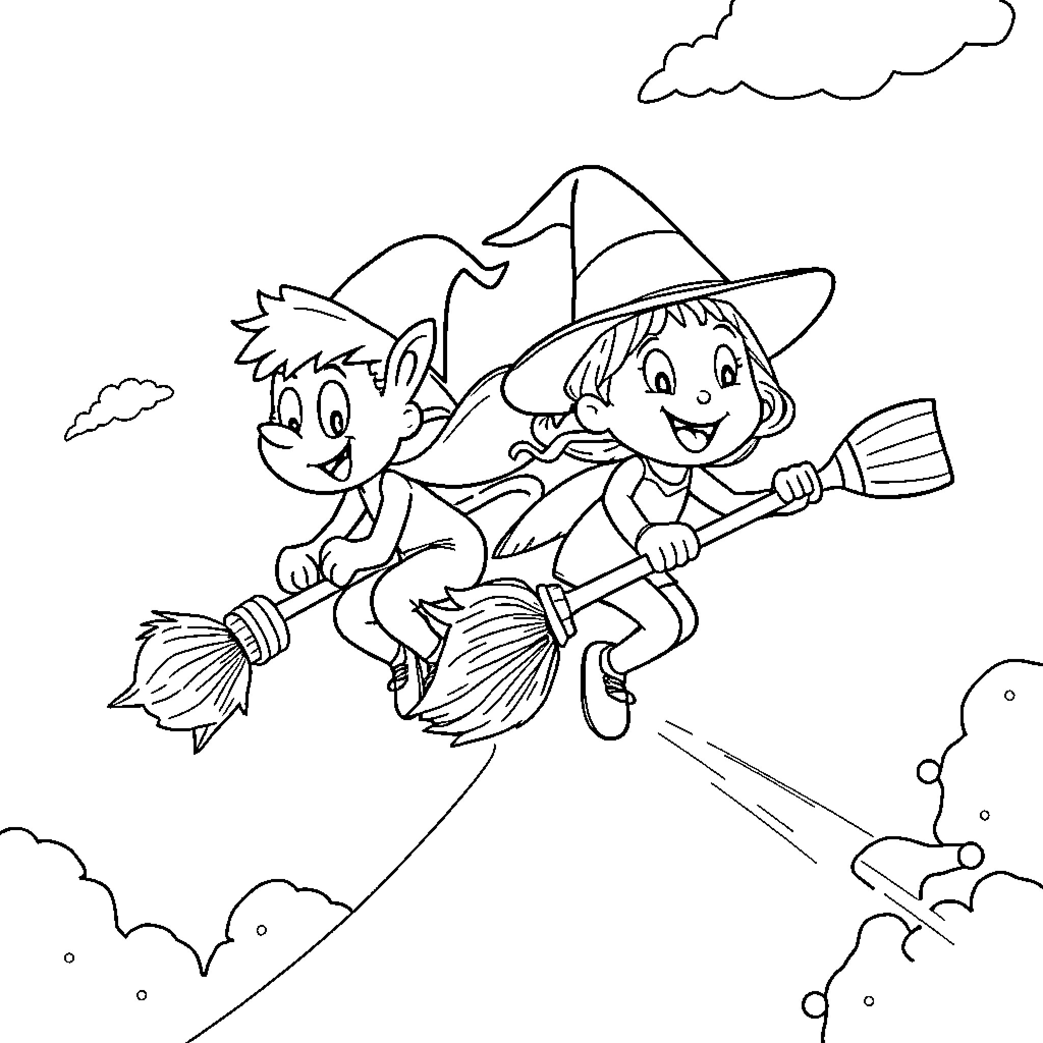 Bluey and Bingo Flying on Broomsticks Coloring Page (free black-and-white line drawing printable PDF for all, from beginners to advanced learners, including children, teens, adults, and seniors)