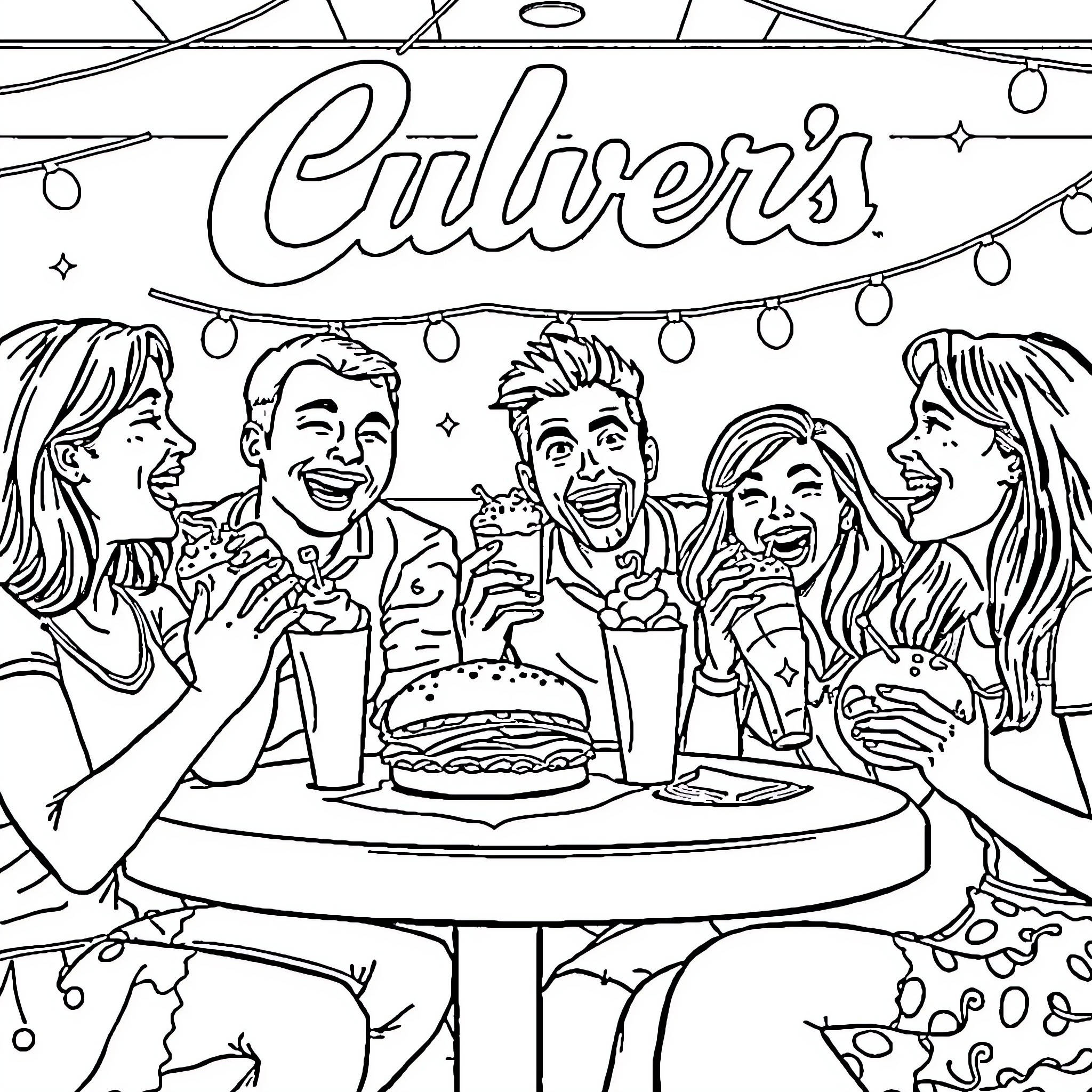 Culver's - Friends Enjoying Burgers and Milkshakes Coloring Page (free black-and-white line drawing printable PDF for all, from beginners to advanced learners, including children, teens, adults, and seniors)