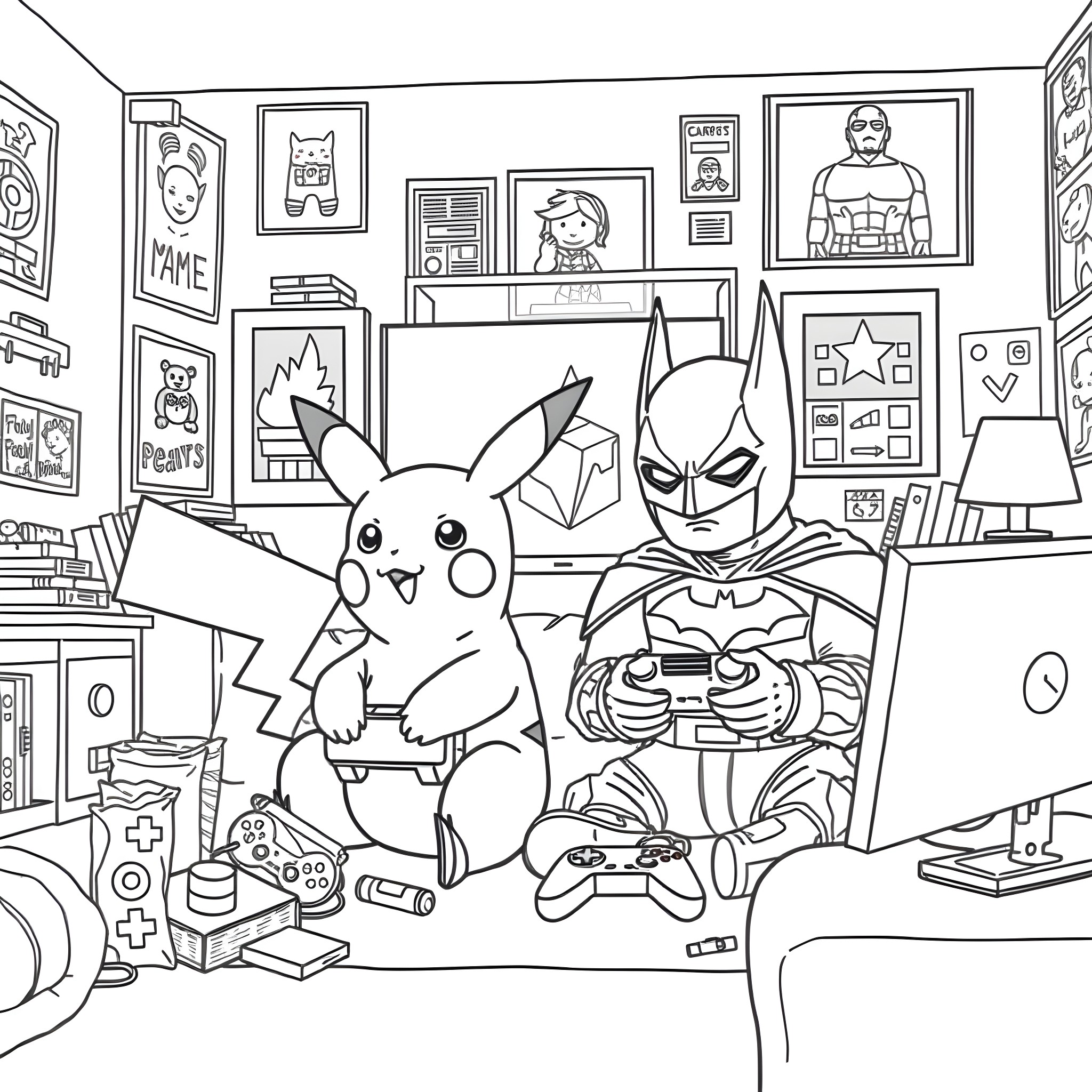 Pikachu and Batman playing video games in a gamer's room Coloring Page (free black-and-white line drawing printable PDF for all, from beginners to advanced learners, including children, teens, adults, and seniors)
