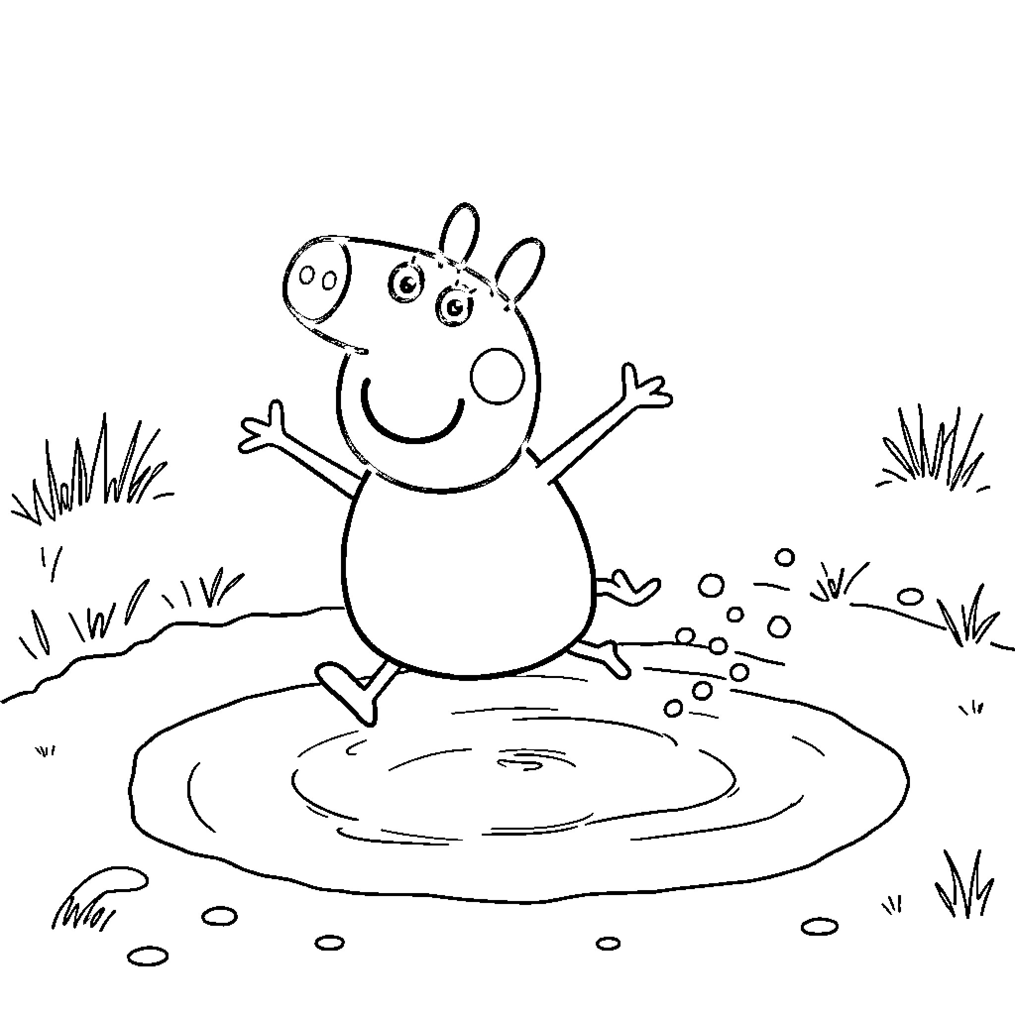 Peppa Pig jumping happily in puddle Coloring Page (free black-and-white line drawing printable PDF for all, from beginners to advanced learners, including children, teens, adults, and seniors)