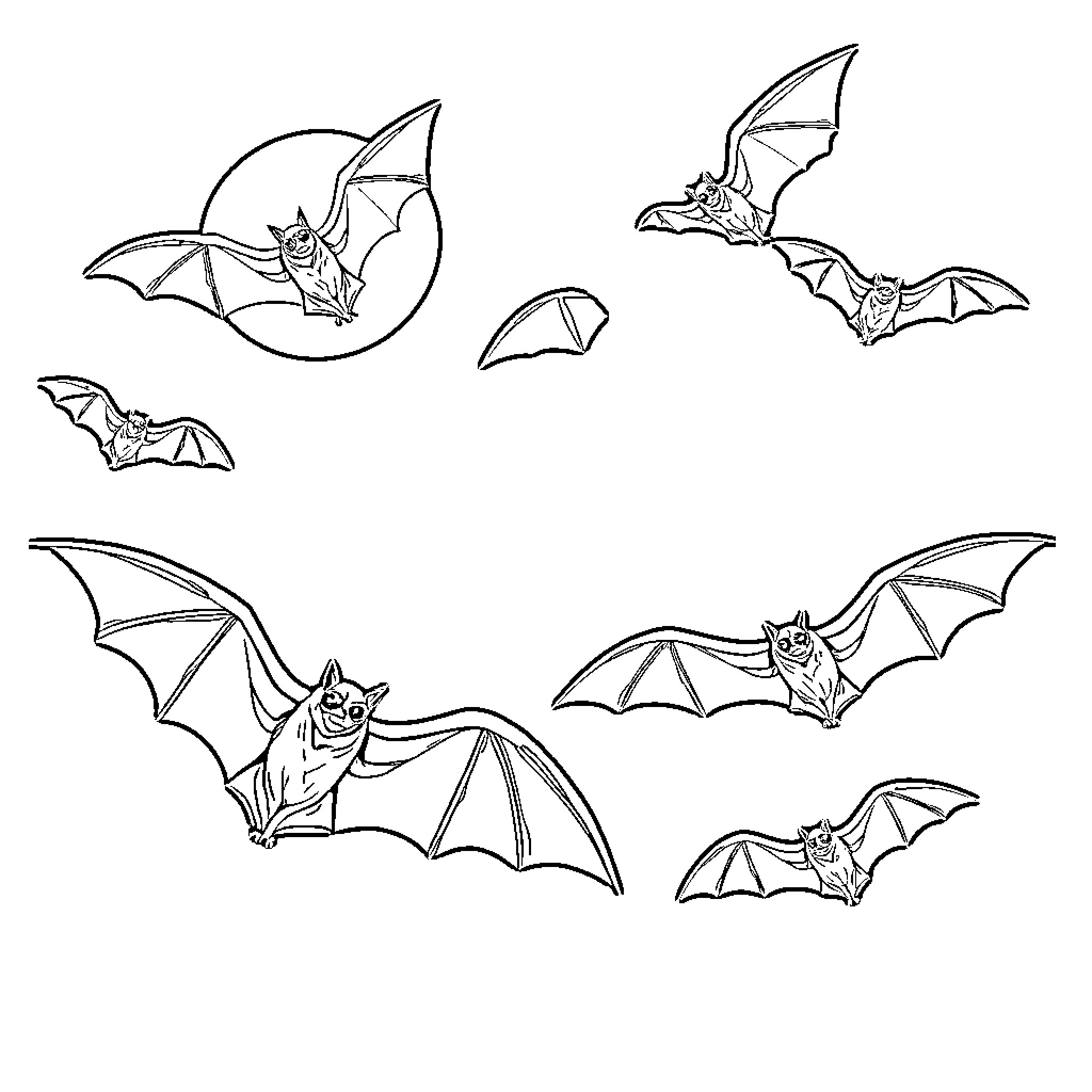 Bats in flight and at rest Coloring Page (free black-and-white line drawing printable PDF for all, from beginners to advanced learners, including children, teens, adults, and seniors)