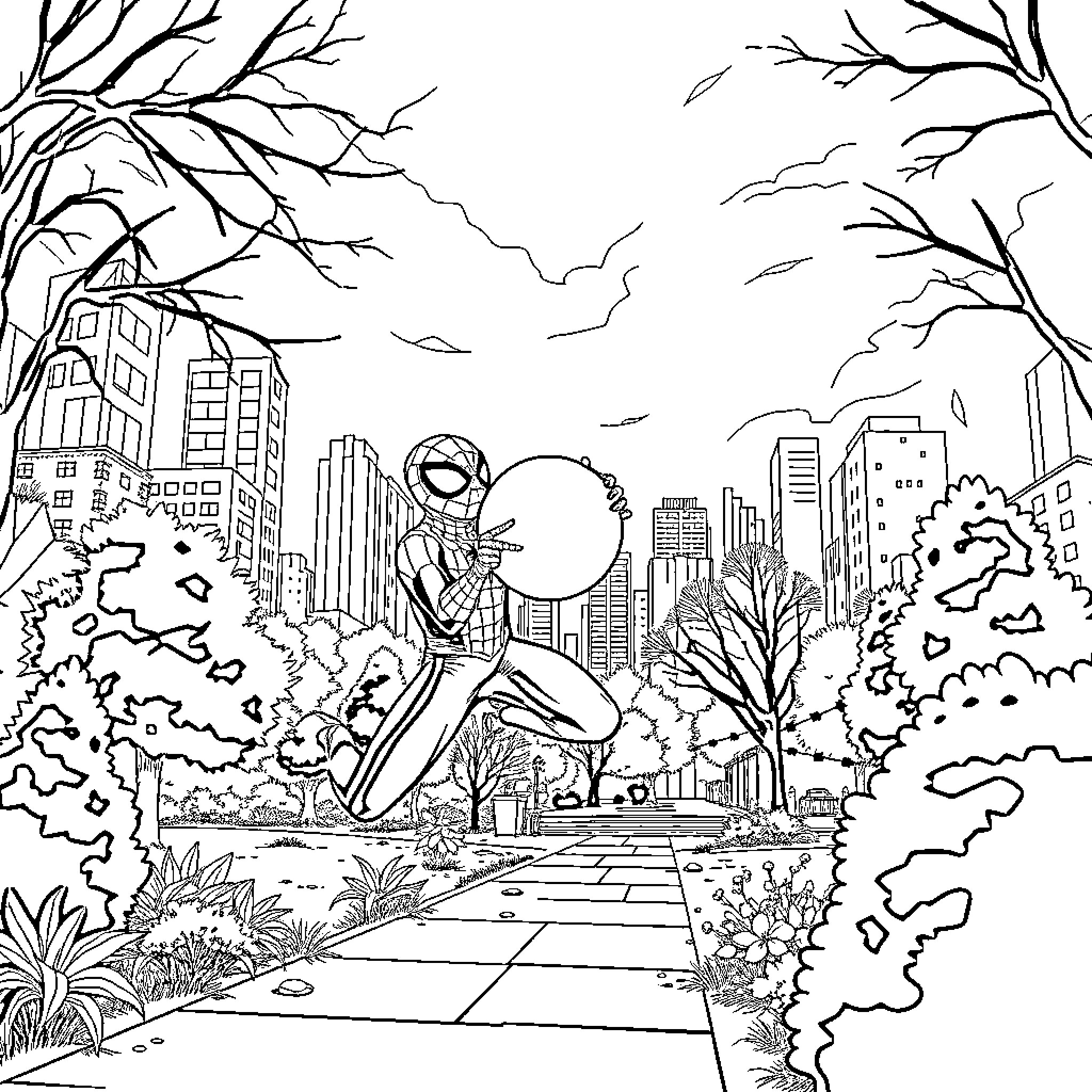 Spiderman jumping through a city park Coloring Page (free black-and-white line drawing printable PDF for all, from beginners to advanced learners, including children, teens, adults, and seniors)