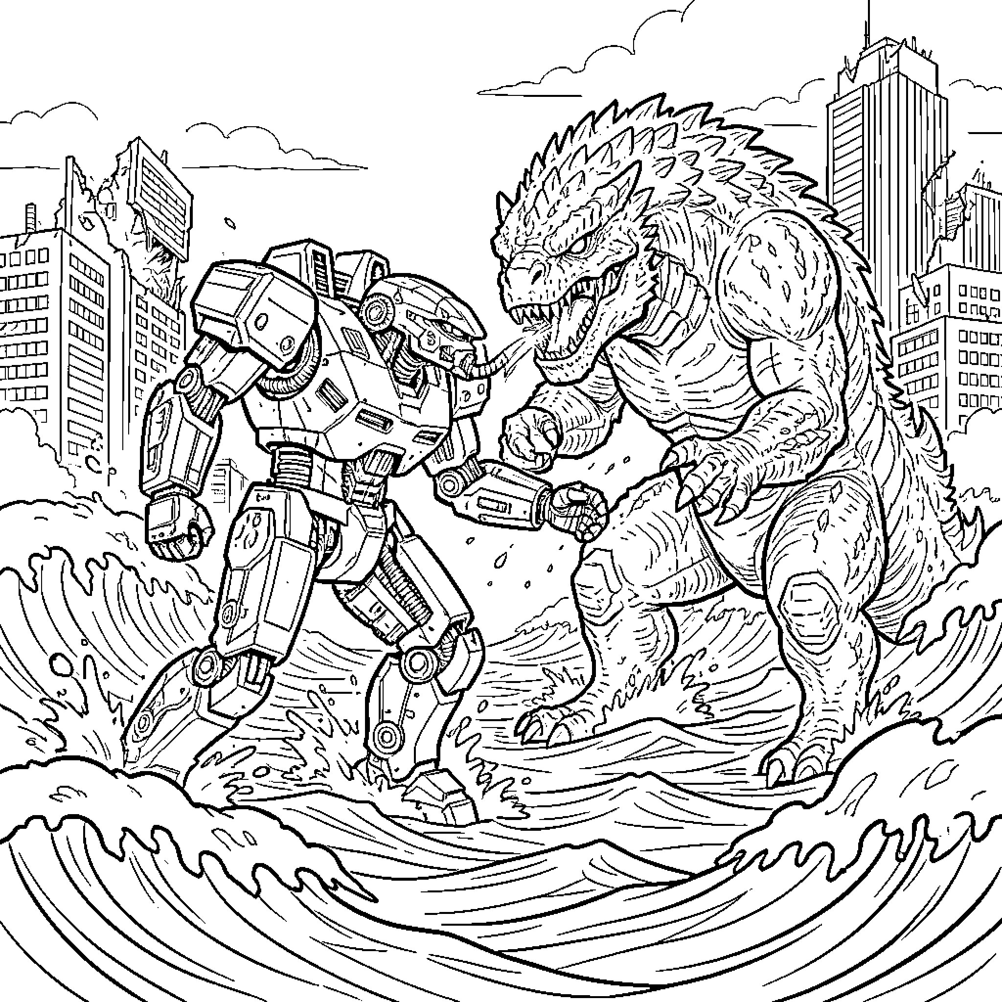 Jaeger and Giant Beast Battle in Cityscape Coloring Page (free black-and-white line drawing printable PDF for all, from beginners to advanced learners, including children, teens, adults, and seniors)