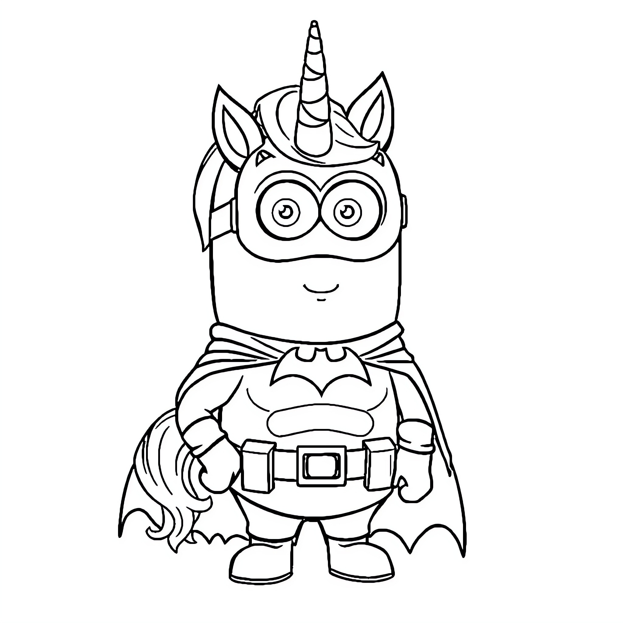 Unicorn superhero in a comical costume Coloring Page (free black-and-white line drawing printable PDF for all, from beginners to advanced learners, including children, teens, adults, and seniors)